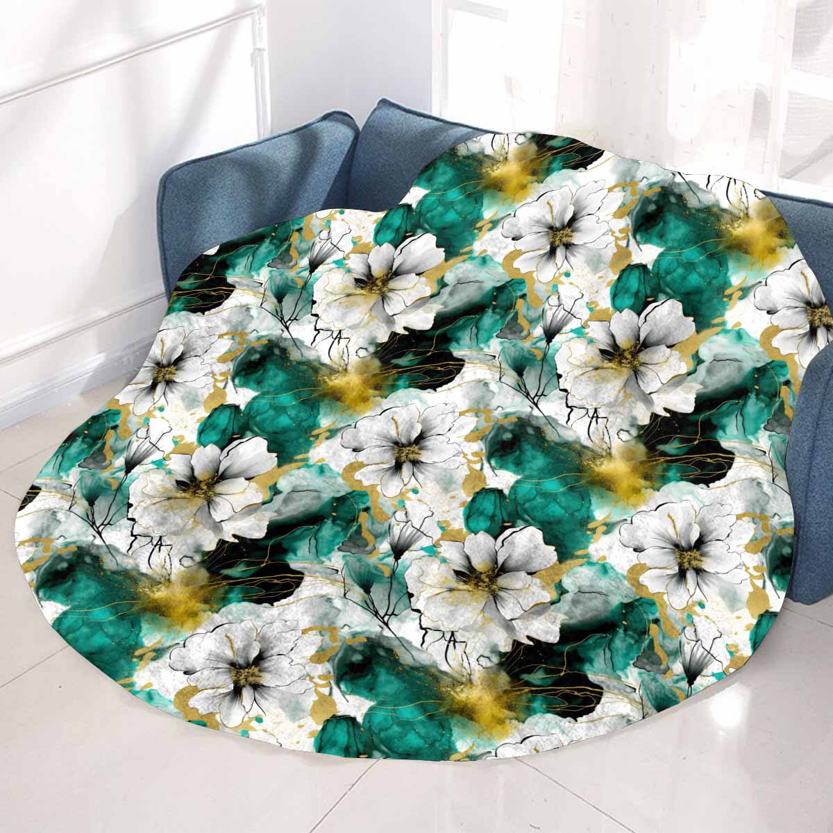 Green and White Ink Floral Circular Micro Fleece Blanket 60"