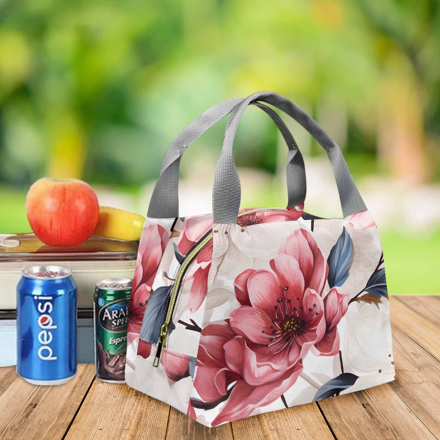 Pink Floral Portable Lunch Bag-Grey Handle