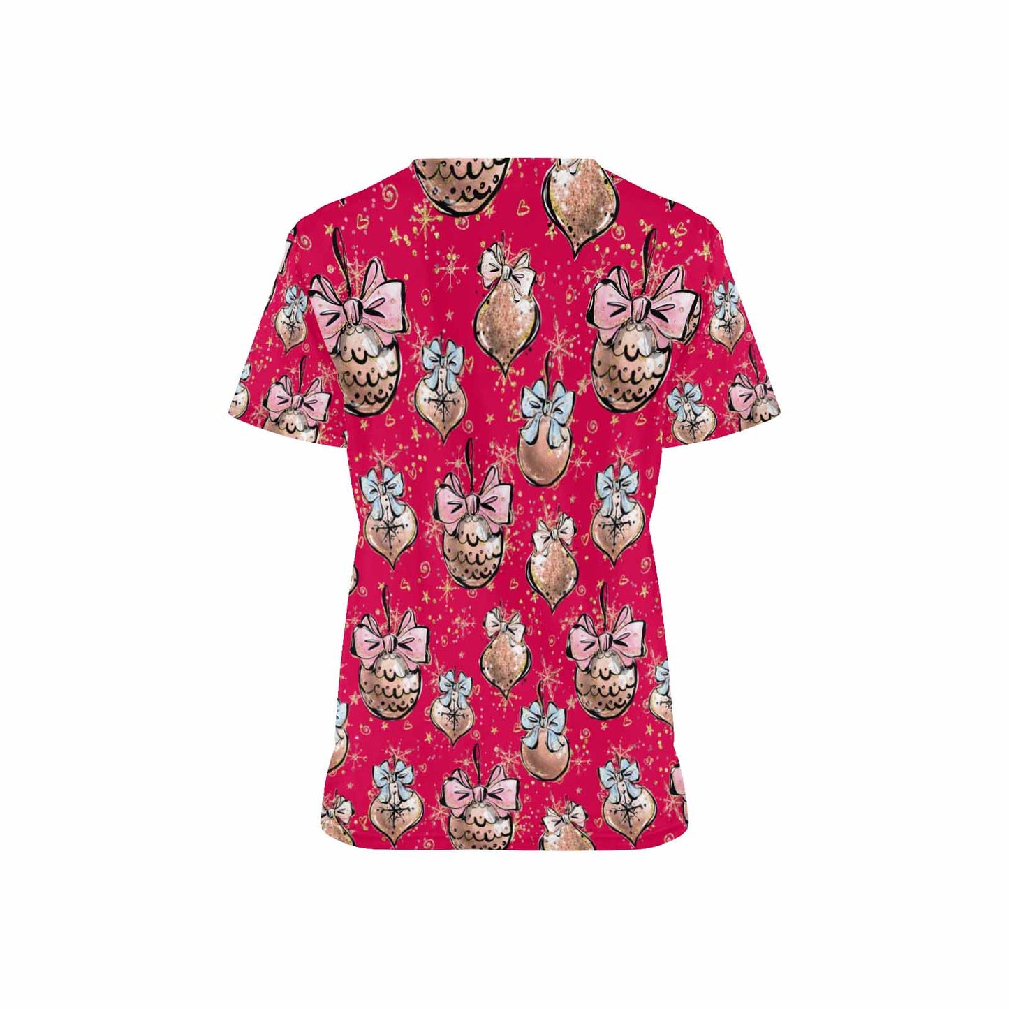 Red Christmas Baubles Women's V Neck Scrub Top Nurse Uniform with Deep Front Pockets