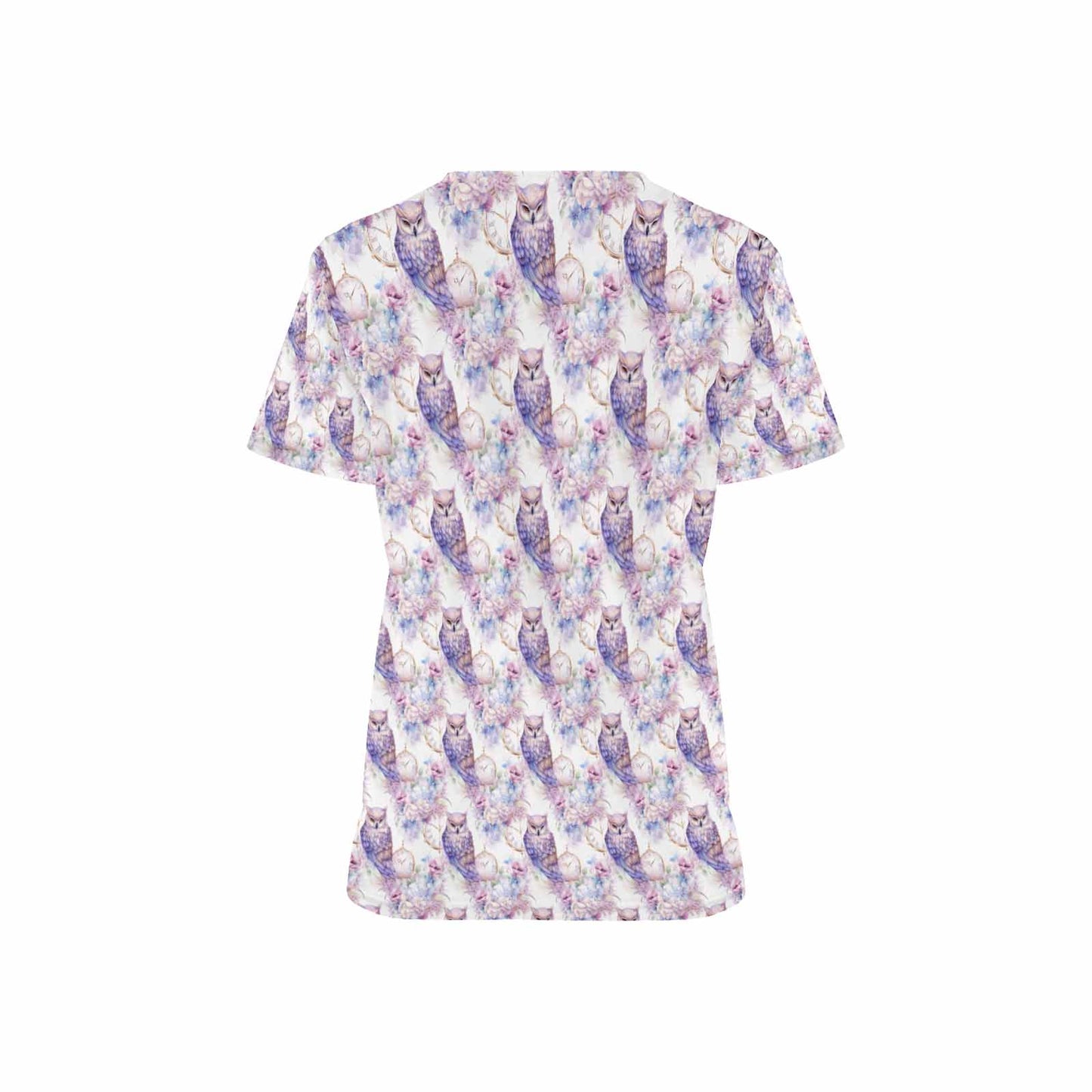 Pastel Owls Women's V Neck Scrub Top Nurse Uniform with Deep Front Pockets