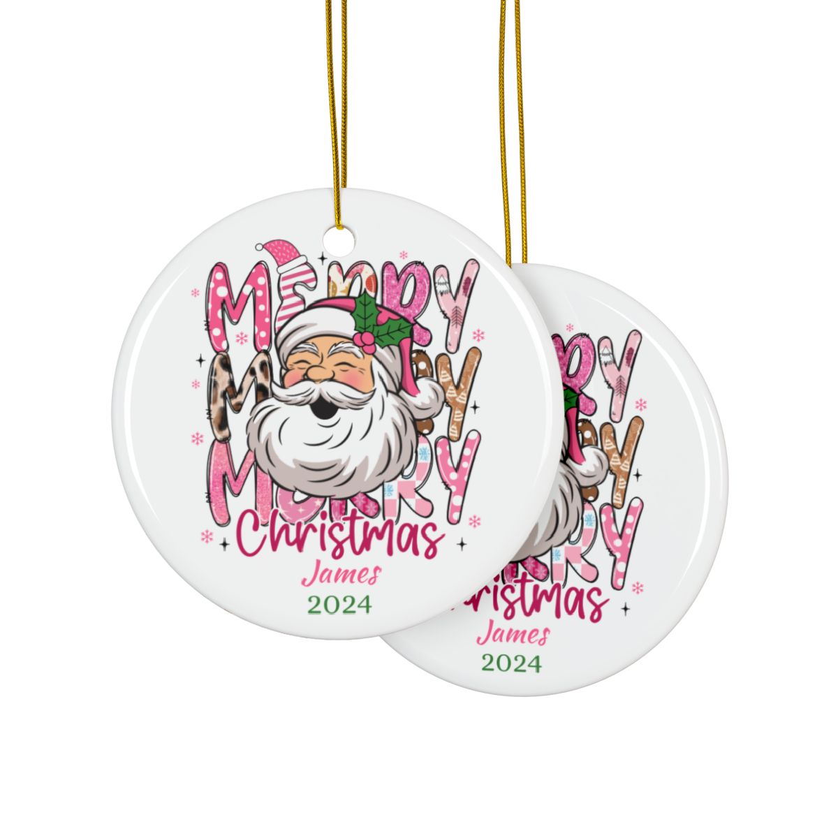 Custom Christmas Ornament, Pink Ceramic Ornament, Personalized Holiday Décor, Santa Design, Gift for Family, Christmas Gift