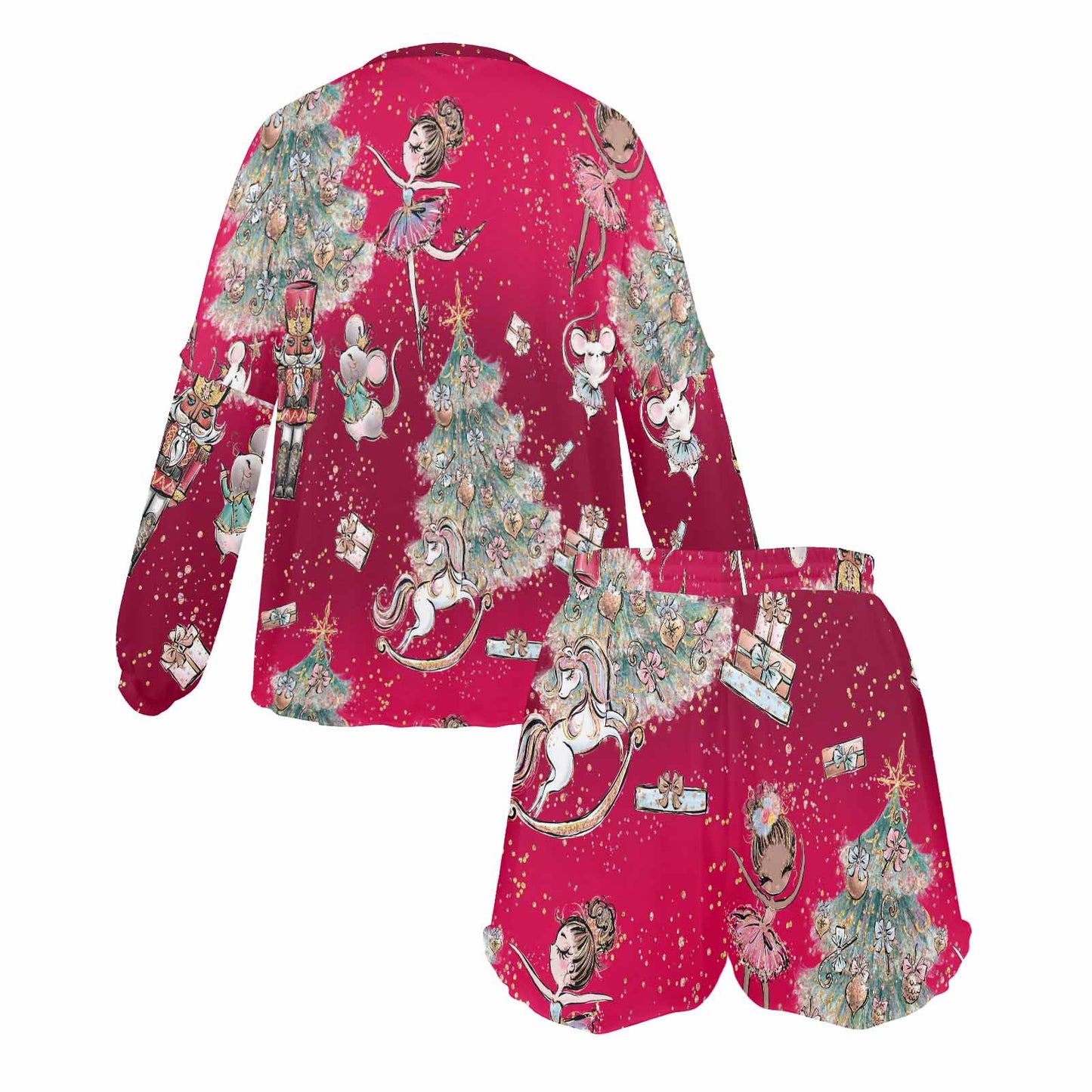Red Christmas Women's Long Sleeve Pajama Set with Shorts