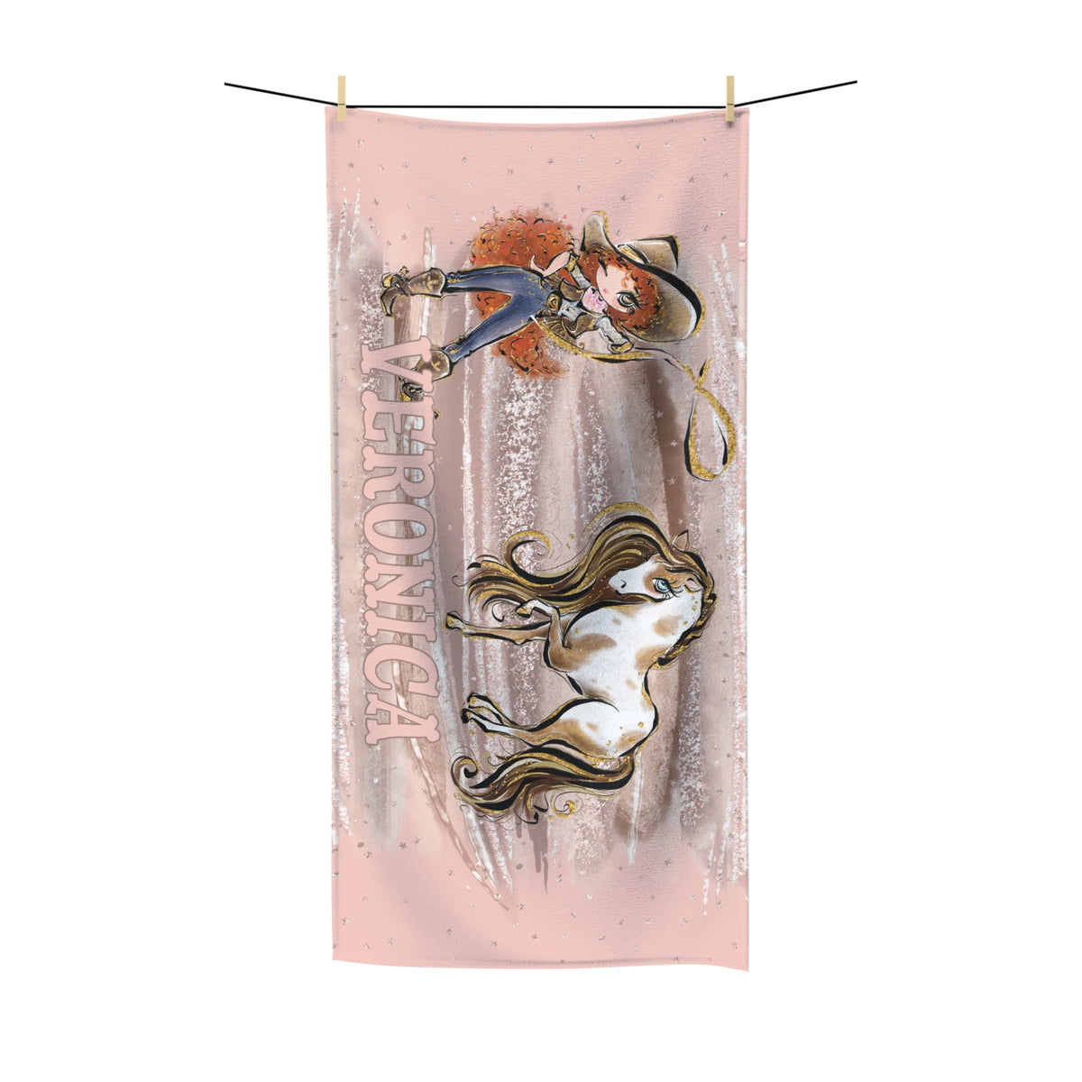 Personalised Beach Towel, Cowgirl and Horse, Red Curly Hair, Brown Eyes, Polycotton Towel