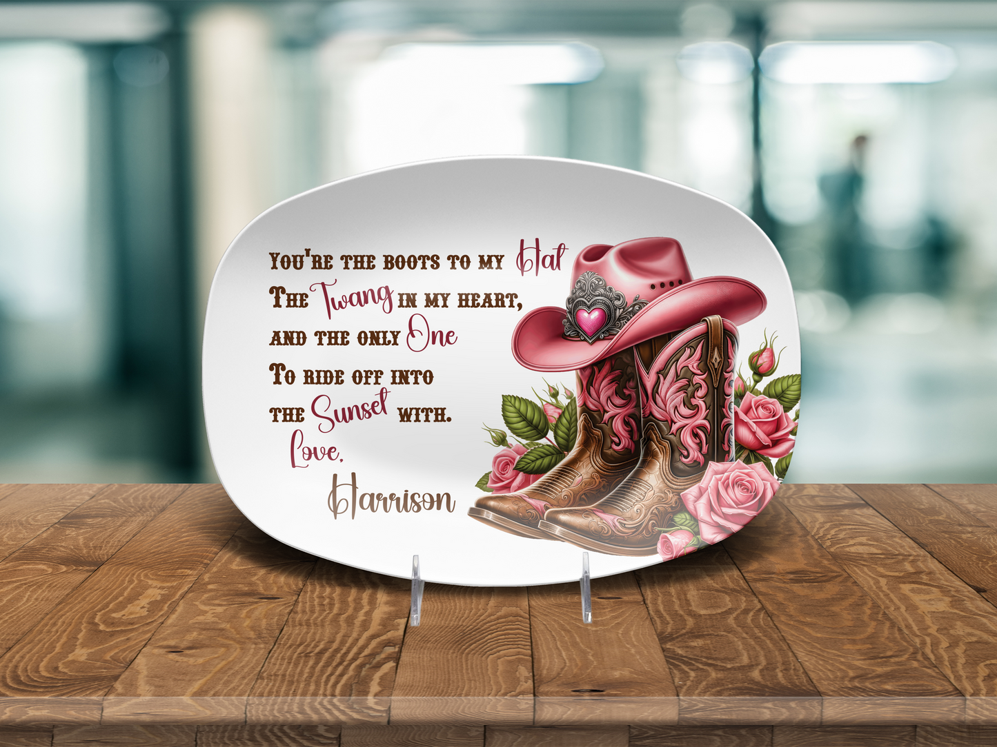 Personalized Love Quote Plate, Cowboy Boots Design, Microwave Safe Platter, Custom Romantic Gift, USA Made, Unbreakable Kitchenware