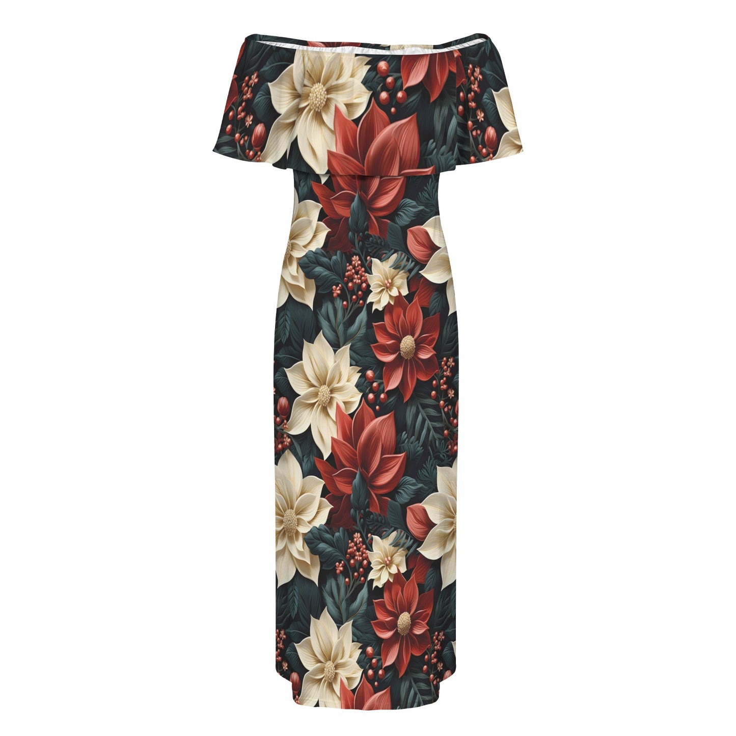 Red Poinsettia Women's Off Shoulder Ruffle Boat Neck Dress (Model D71)