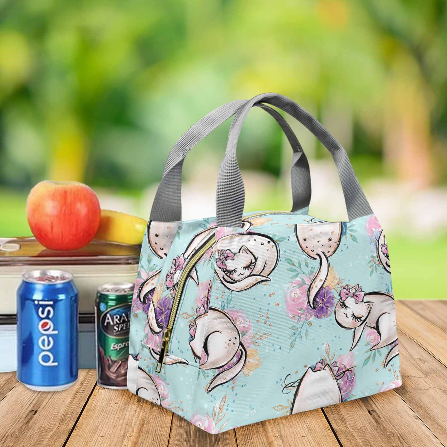 Blue Cats Portable Lunch Bag-Grey Handle