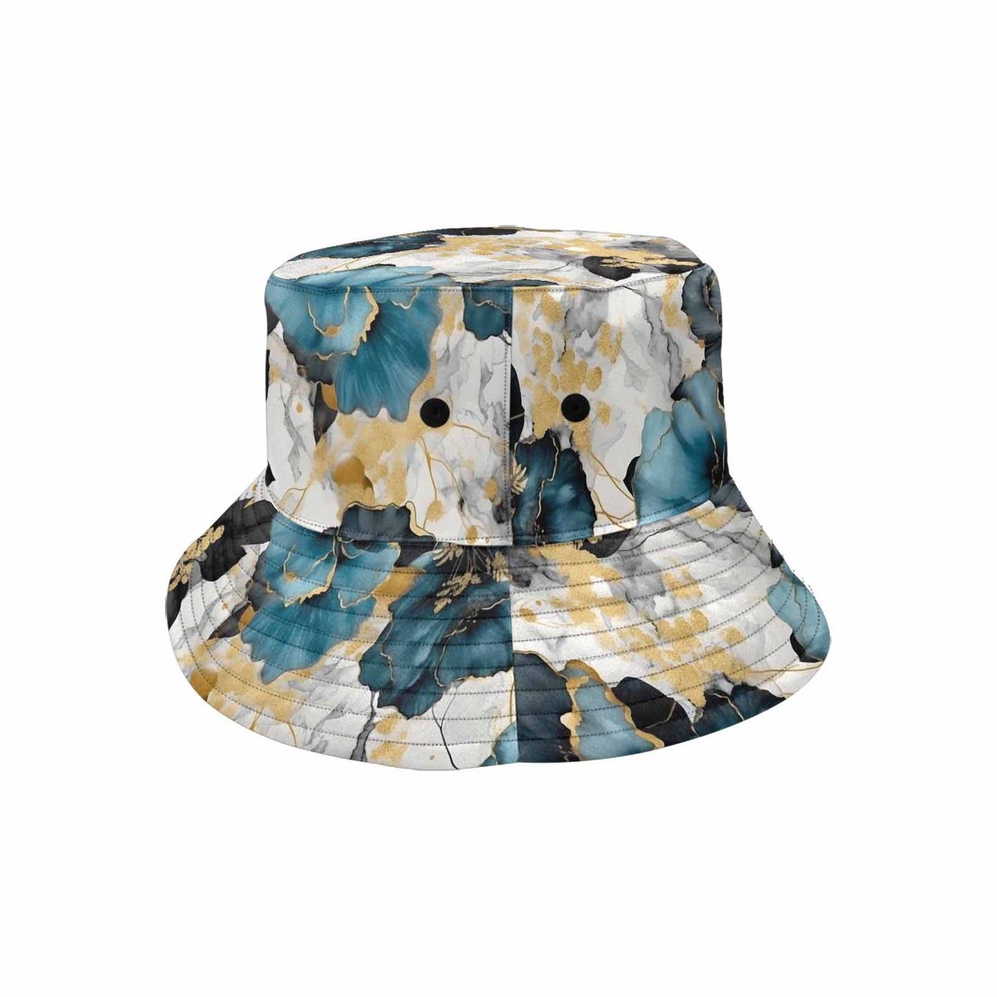 Blue & Gold Ink Floral Unisex Summer Single-Layer Bucket Hat