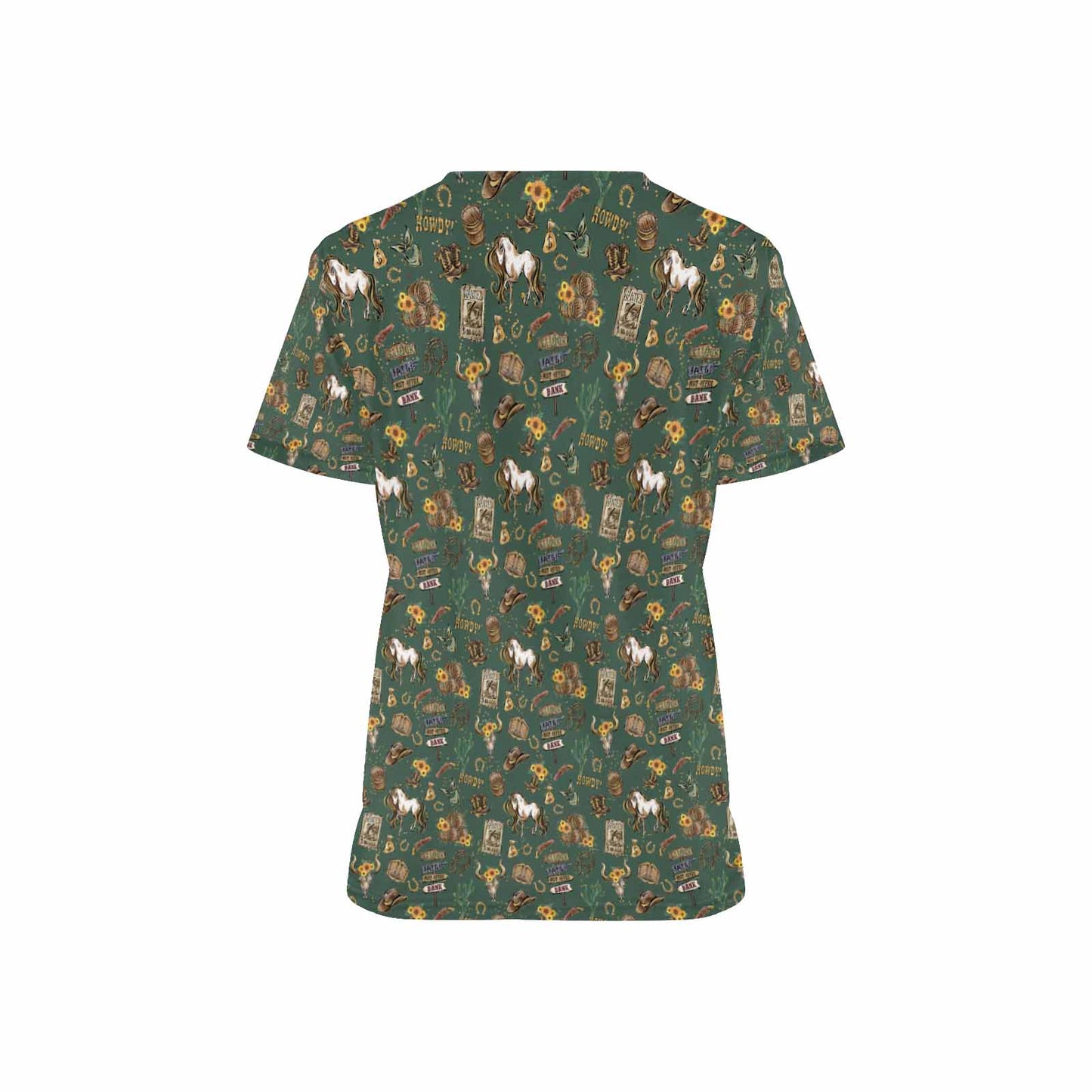 Country and Western Green Women's V Neck Scrub Top Nurse Uniform with Deep Front Pockets