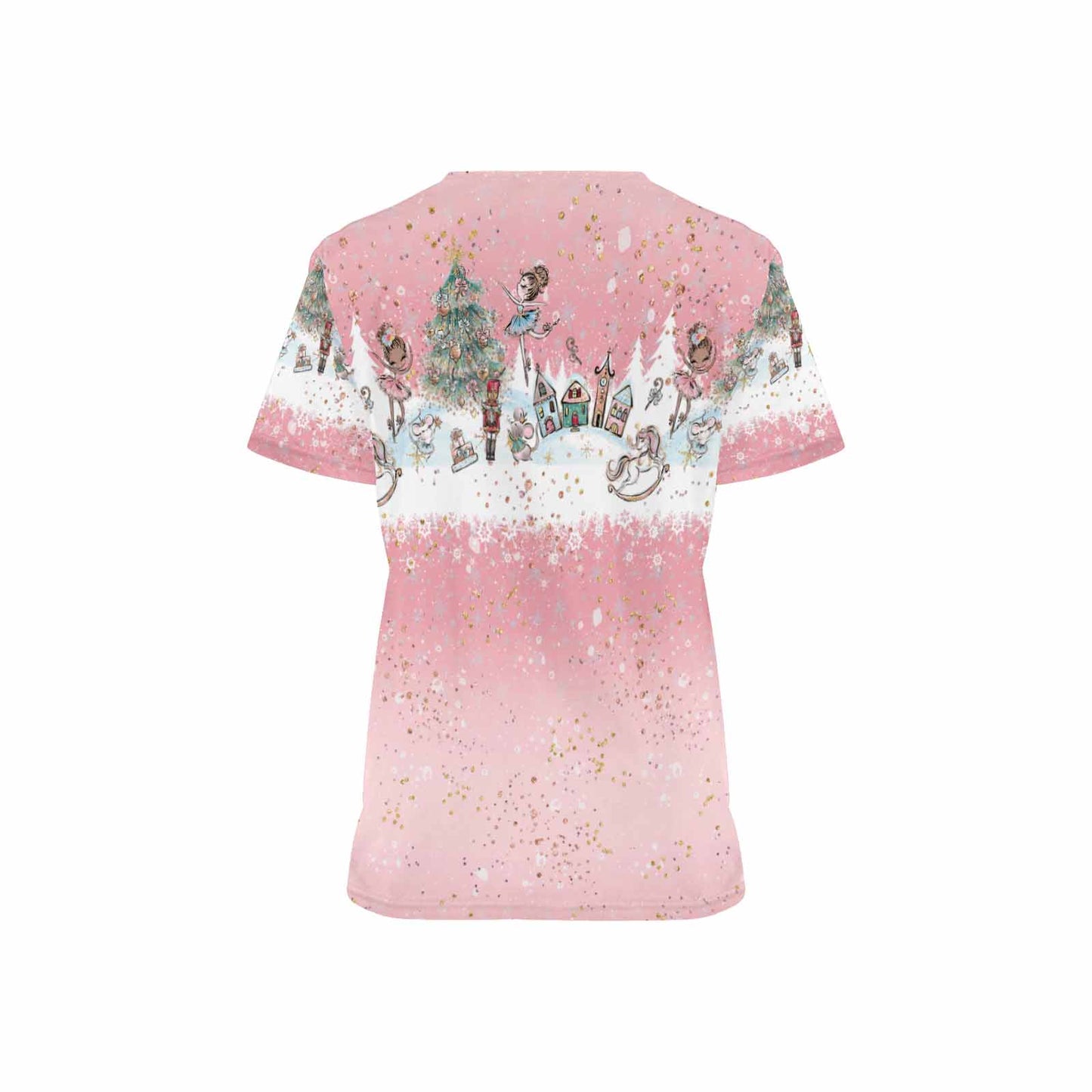Pink Christmas Nutcracker Women's V Neck Scrub Top Nurse Uniform with Deep Front Pockets