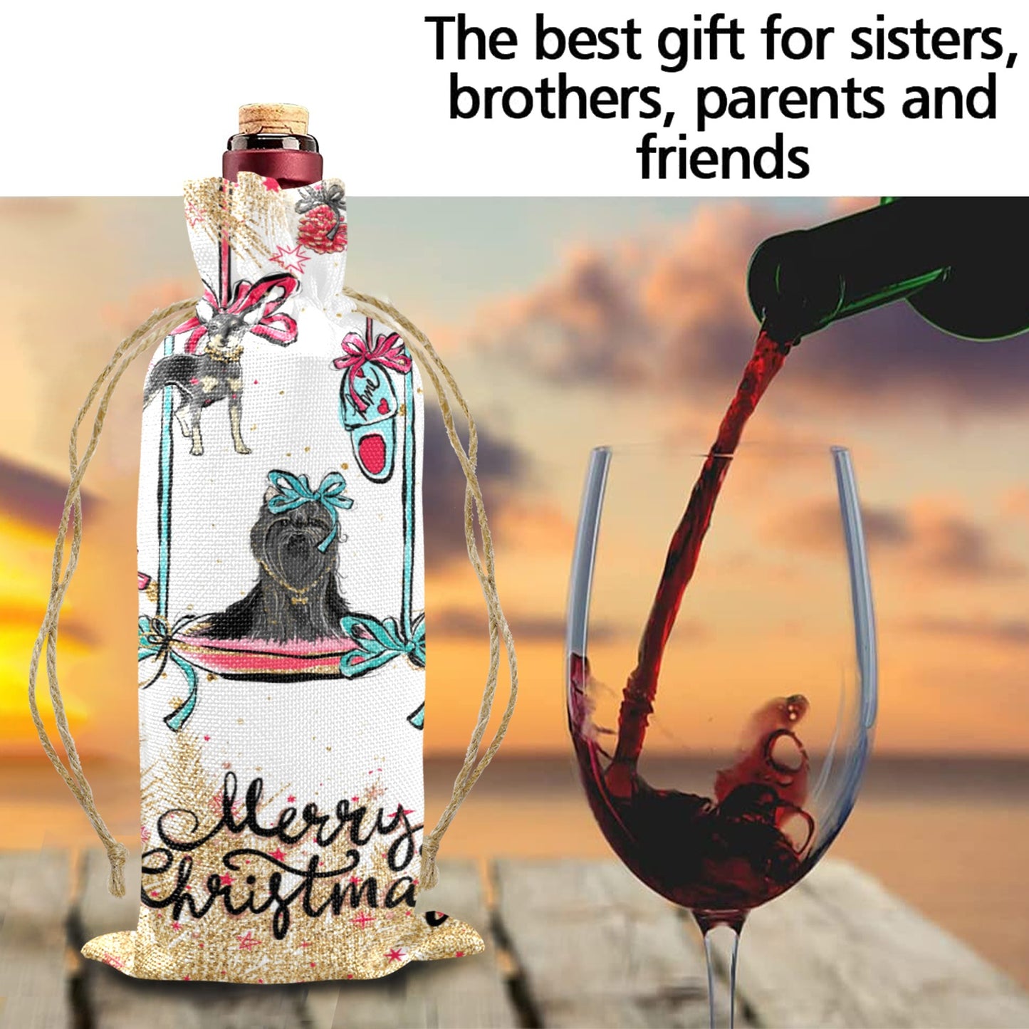 Merry-Xmas Doggie Baubles Linen Wine Bottle Bag