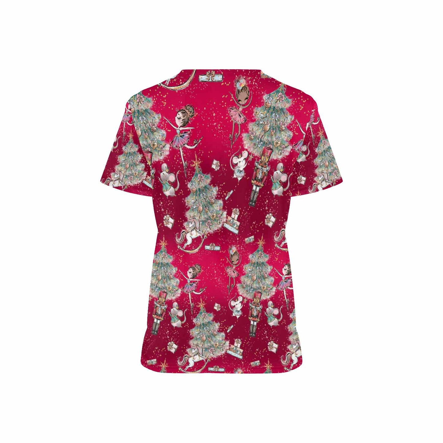 Red Christmas Nutcracker Women's V Neck Scrub Top Nurse Uniform with Deep Front Pockets