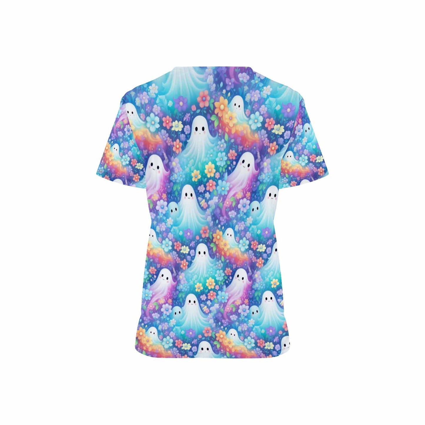 Pastel Floral Halloween Ghost Women's V Neck Scrub Top Nurse Uniform with Deep Front Pockets