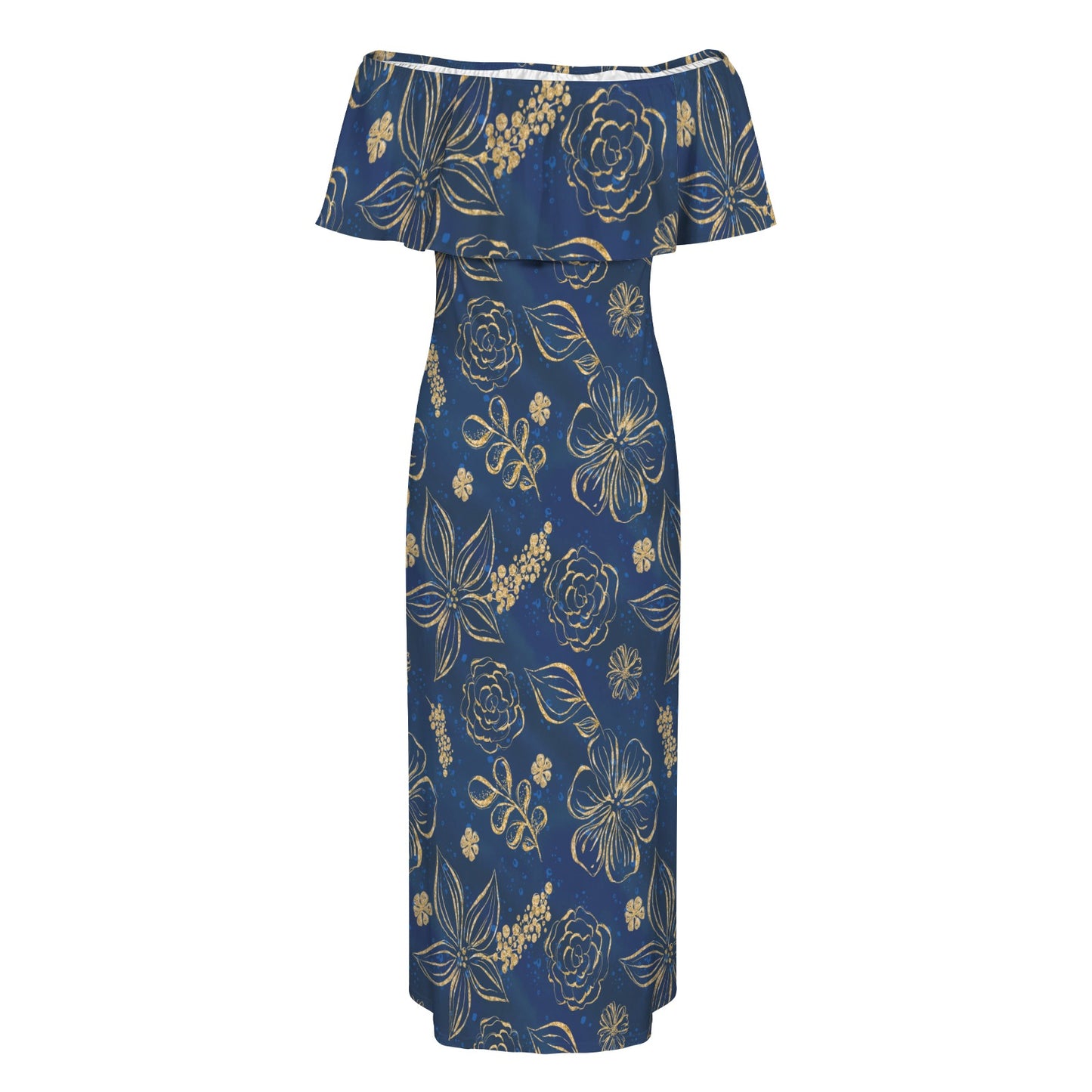 Blue & Gold Women's Off Shoulder Ruffle Boat Neck Dress (Model D71)