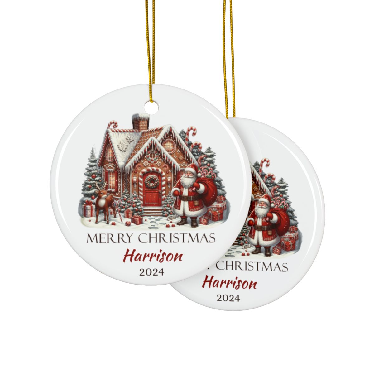 Santa Christmas Scene Personalised Ceramic Ornament