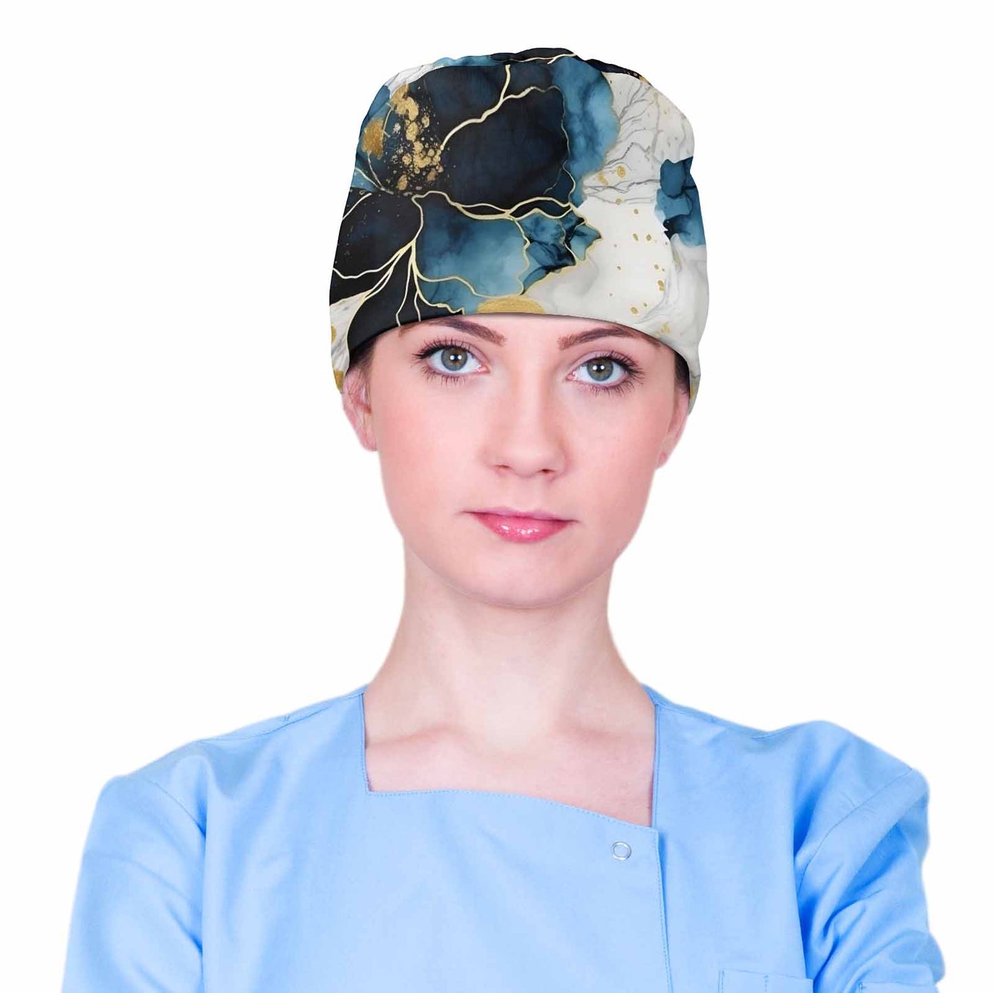 Nurse Scrub Cap Alcohol Ink Blue and Gold Floral Scrub Cap