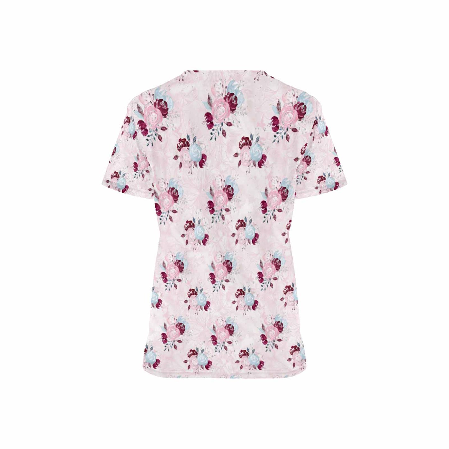 Pink Roses Women's V Neck Scrub Top Nurse Uniform with Deep Front Pockets
