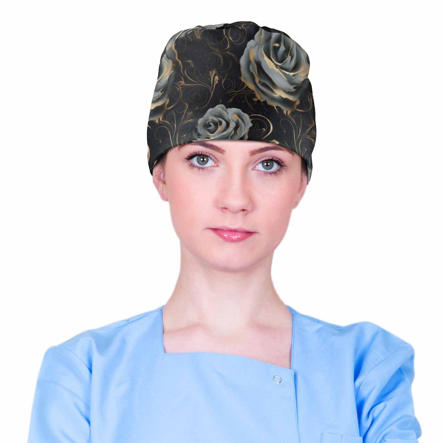 Nurse Scrub Cap Black and Grey Roses Scrub Cap