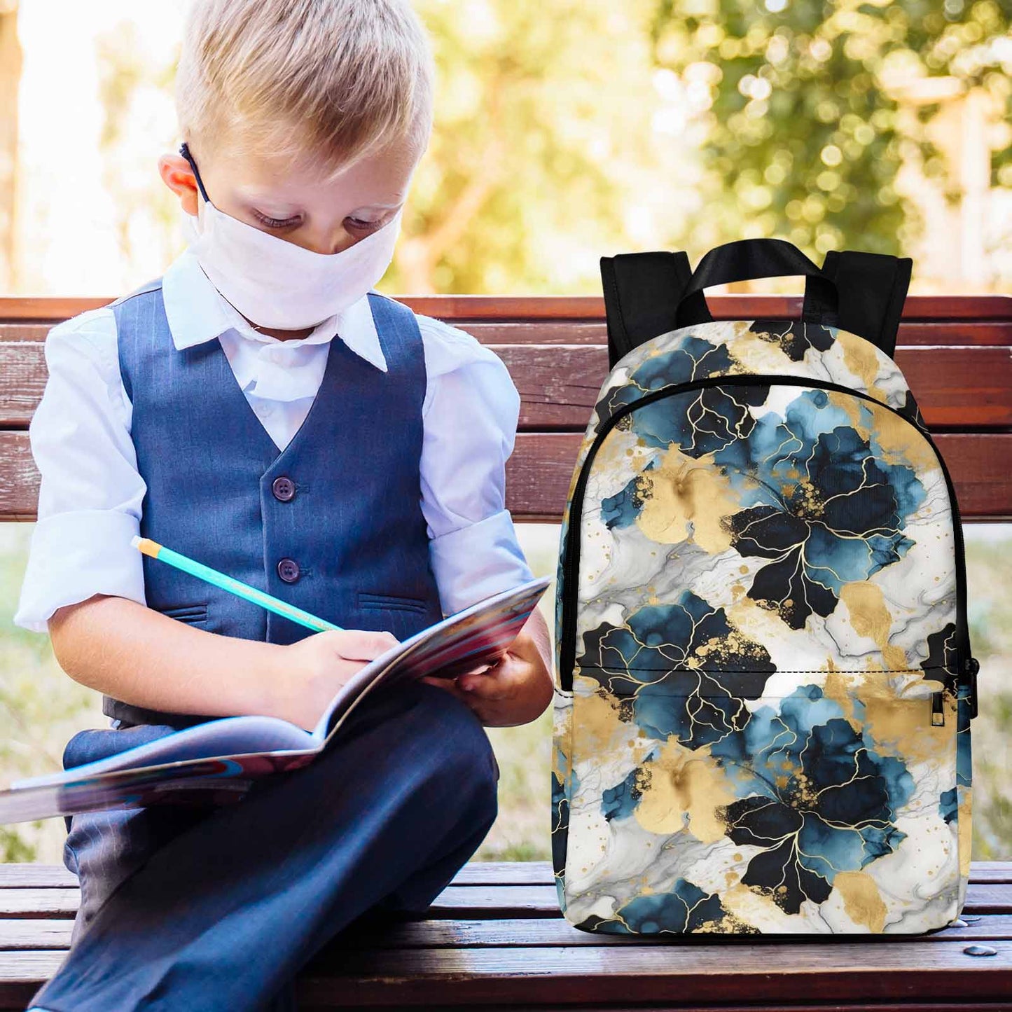 Blue Ink Floral Adult Casual Backpack