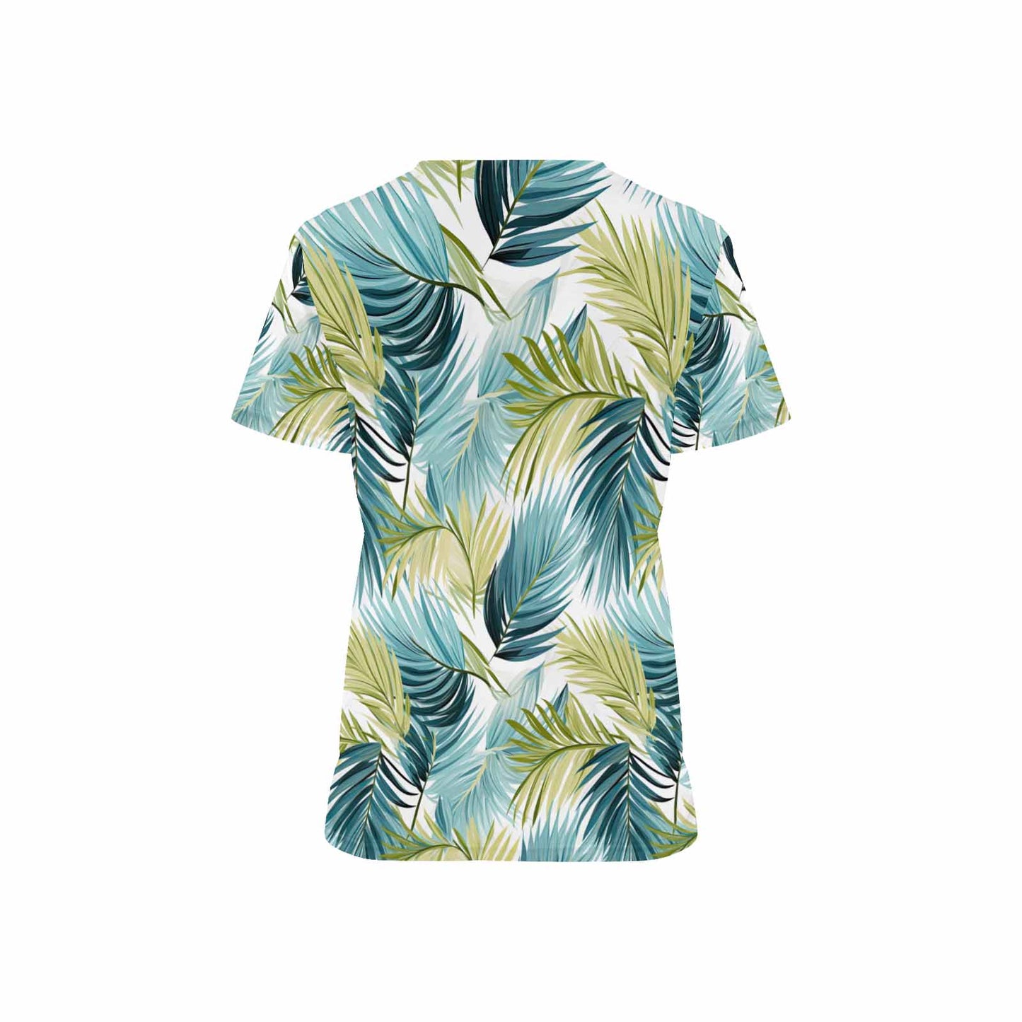 Tropical Palm Leaves Blue and Green Women's V Neck Scrub Top Nurse Uniform with Deep Front Pockets