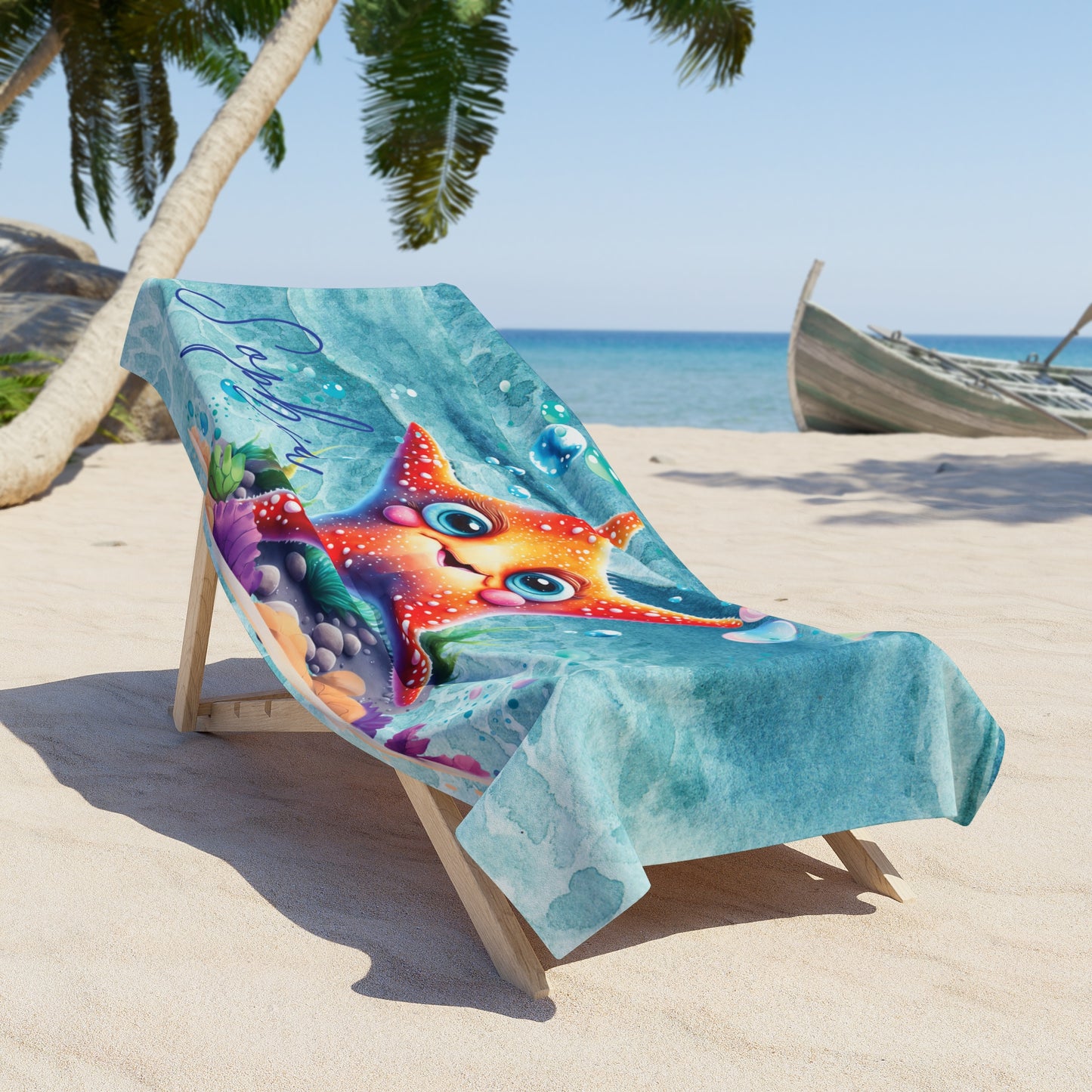 Personalised Beach Towel, Starfish, Polycotton Towel, 2 sizes Available