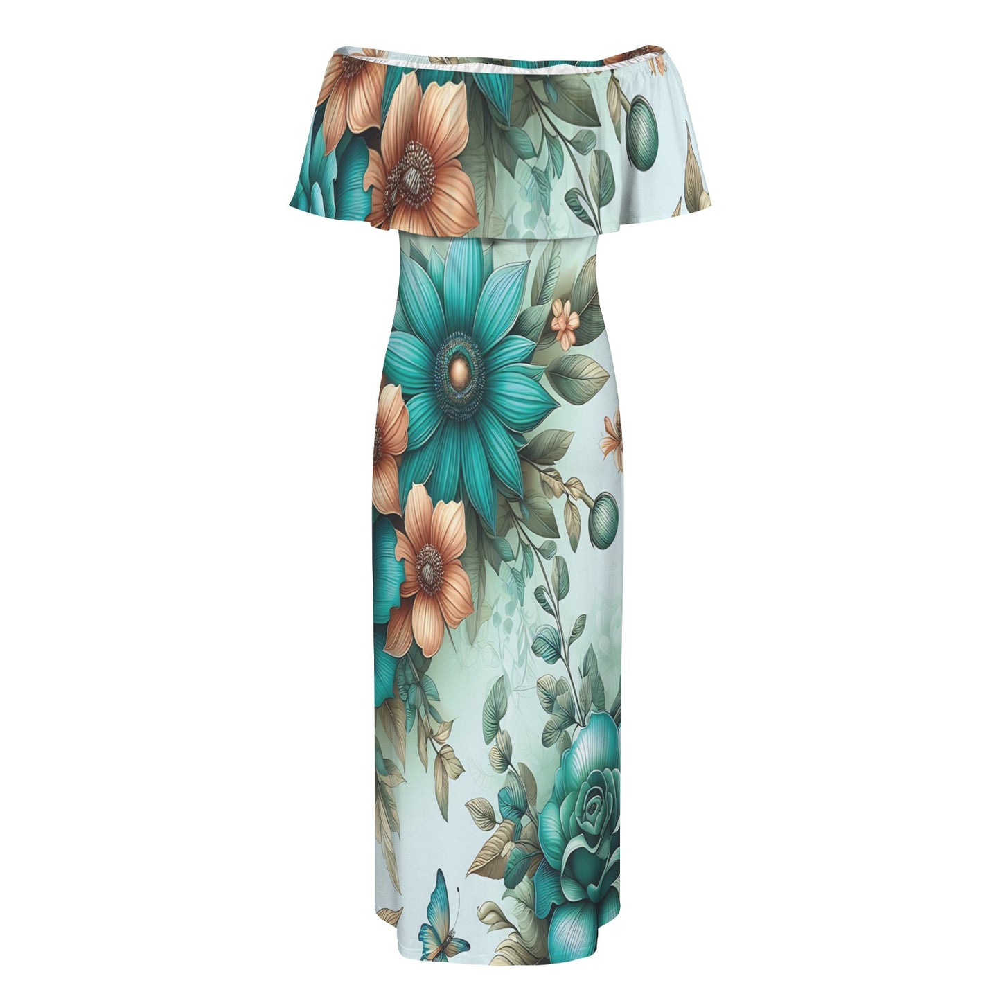 Green Floral awd438 Women's Off Shoulder Ruffle Boat Neck Dress (Model D71)