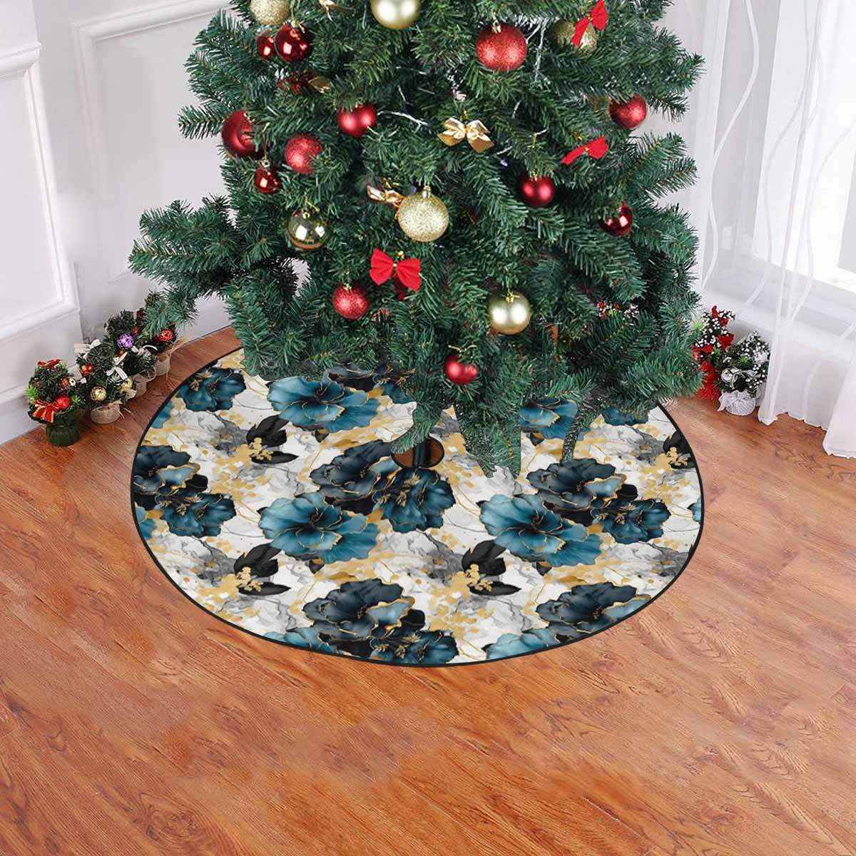 Blue & Gold Ink Floral Christmas Tree Skirt