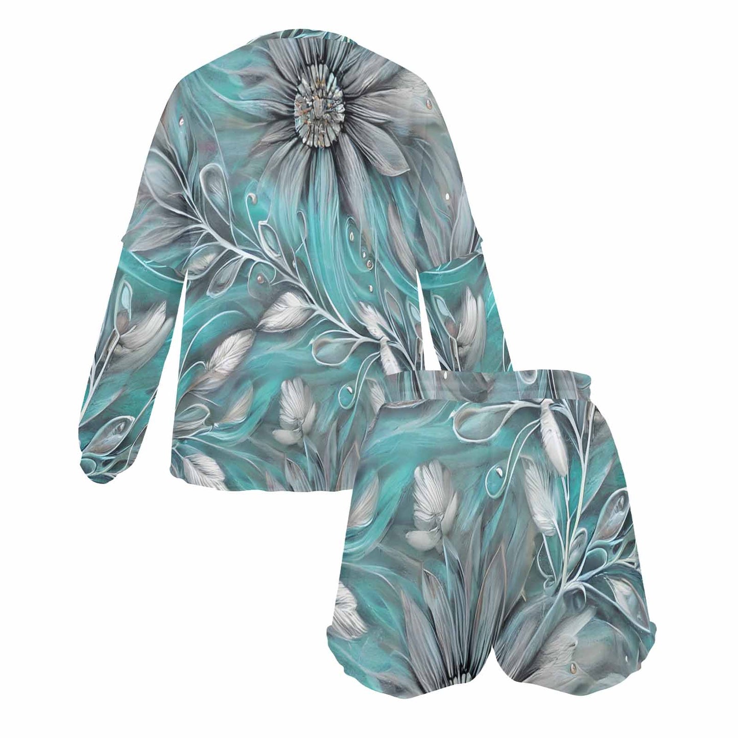 Green Elegant Floral Women's Long Sleeve Pajama Set with Shorts