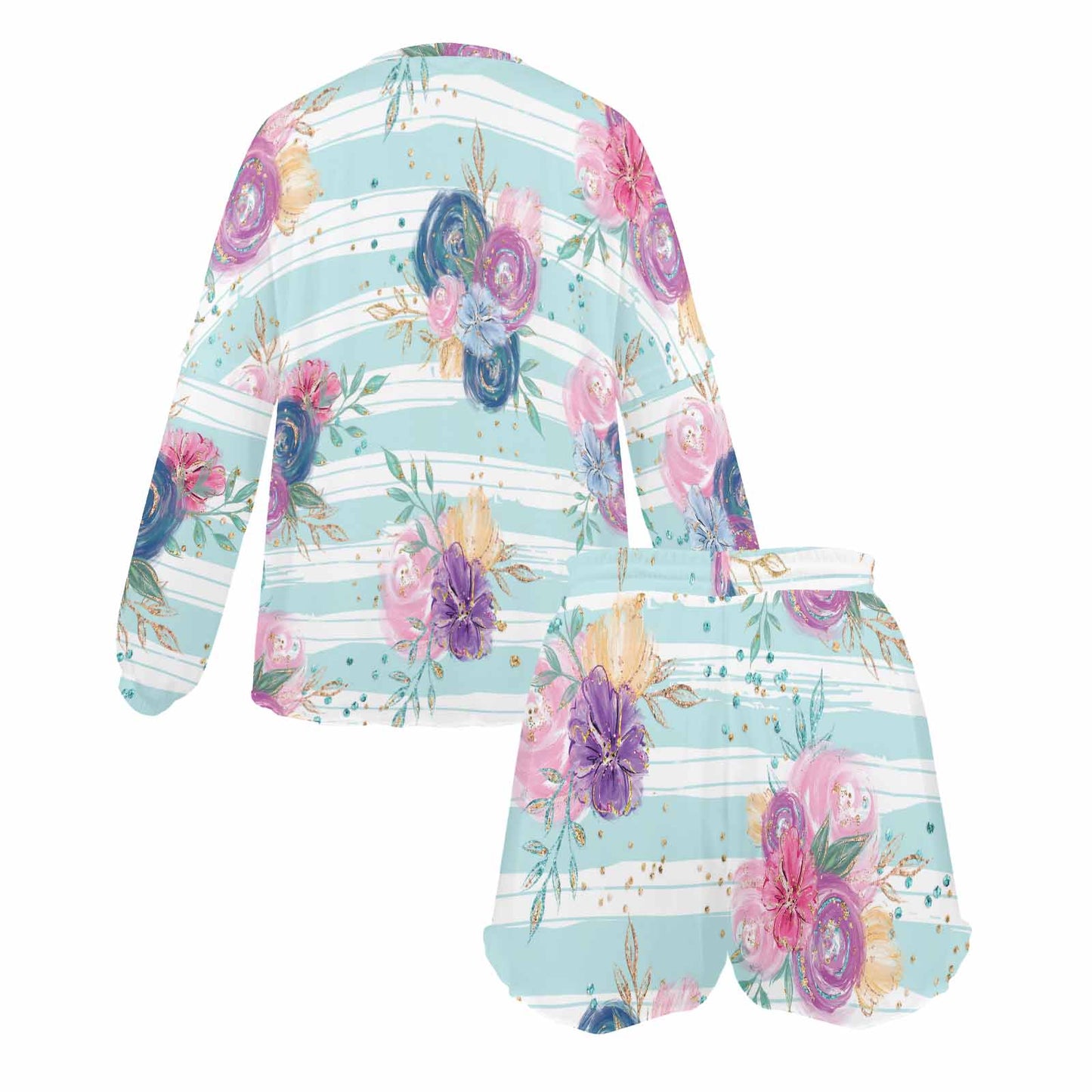 Purple and Pink floral Blue Stripes Women's Long Sleeve Pajama Set with Shorts