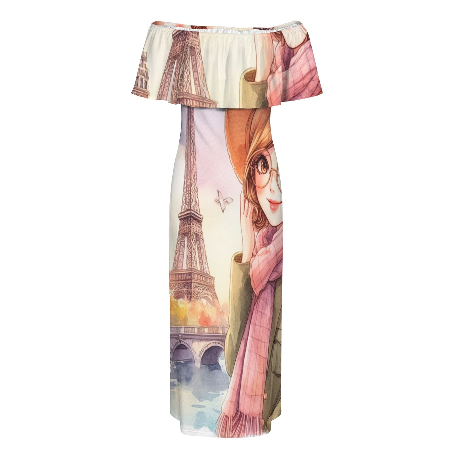 Girl 12 Women's Off Shoulder Ruffle Boat Neck Dress (Model D71)
