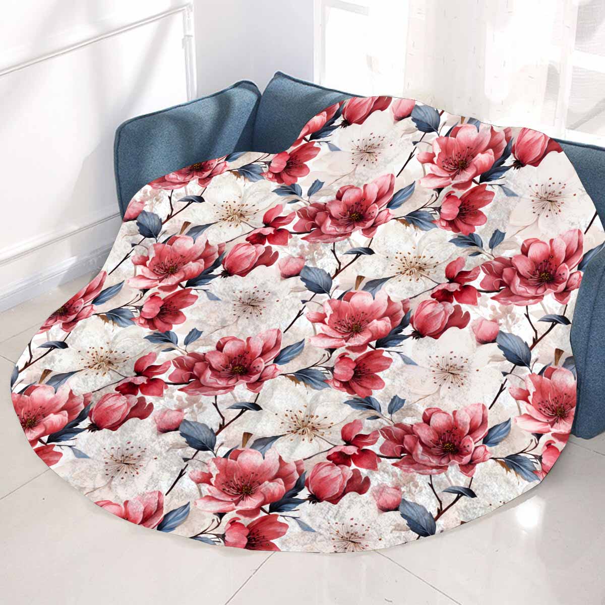 Pink Floral Small Circular Micro Fleece Blanket 60"
