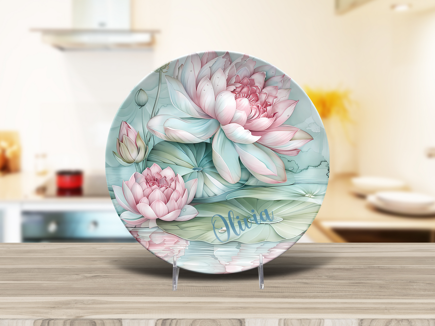 Water Lily Plate Custom Name, Personalized Dinnerware, Flower Design Plate, Unbreakable Kitchenware, Made in USA, Gift for Her, Home Decor