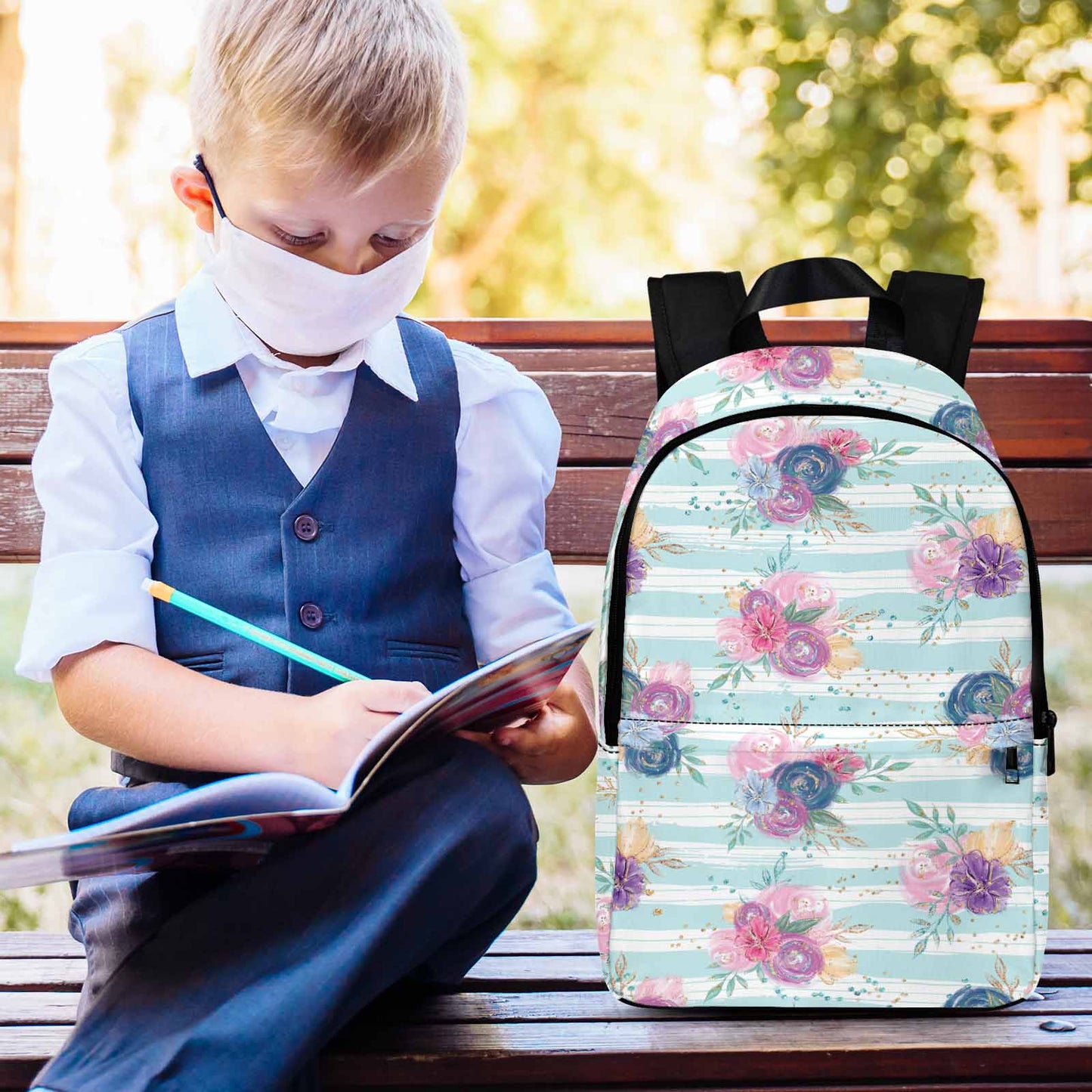Purple and Pink floral Blue Stripes Adult Casual Backpack