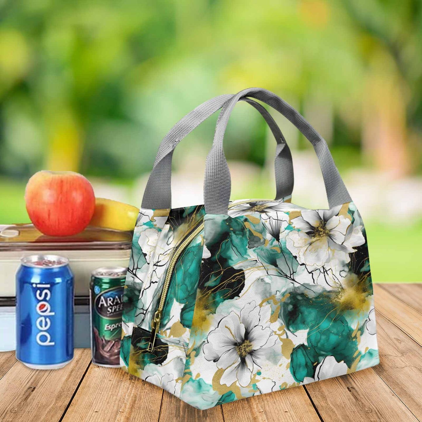 Green and White Ink Floral Portable Lunch Bag-Grey Handle