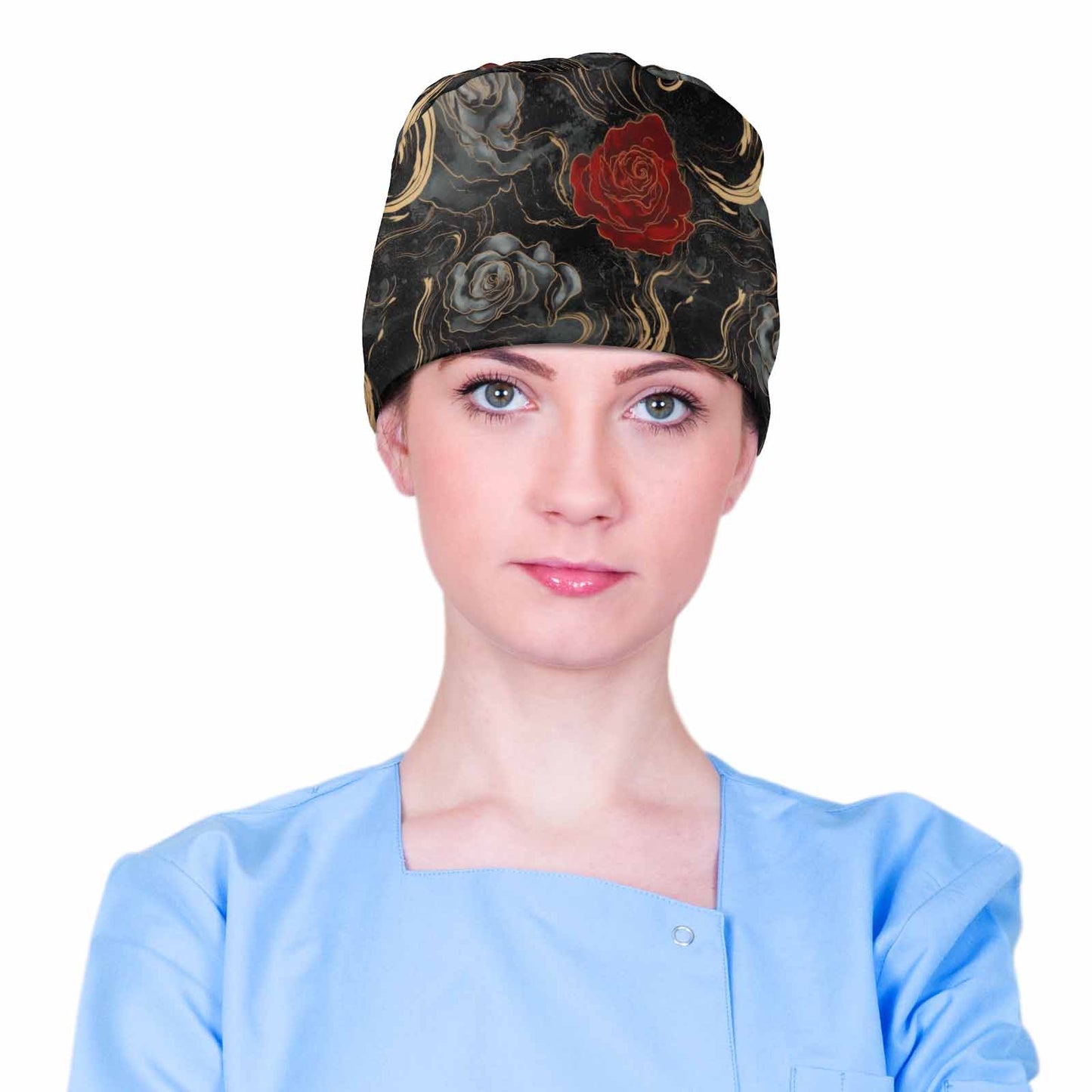 Nurse Scrub Cap Black and Red Roses 2 Scrub Cap