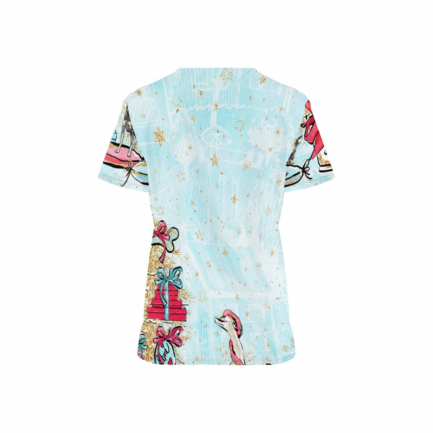 Doggie Christmas Blue lge Women's V Neck Scrub Top Nurse Uniform with Deep Front Pockets