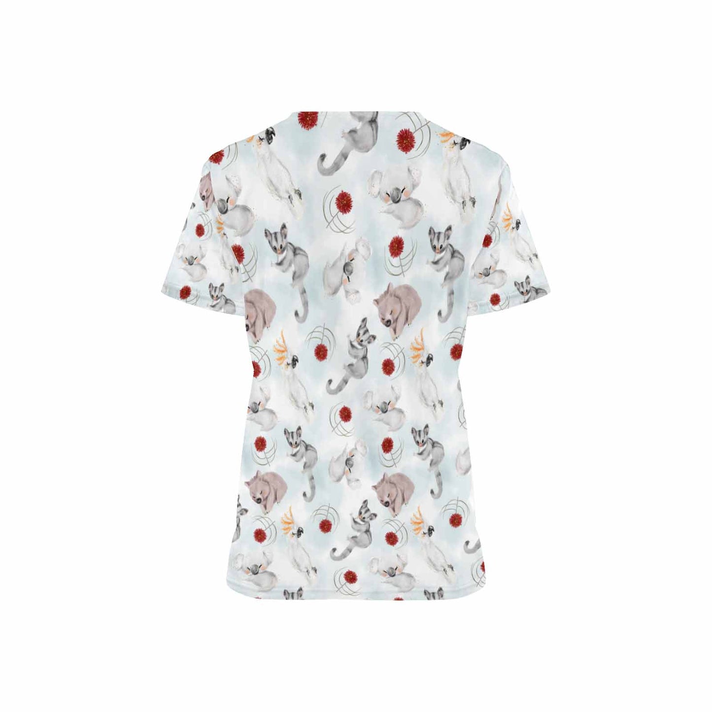 Australian Animals Koala Cockatoo Sugar Glider Wombat Women's V Neck Scrub Top Nurse Uniform with Deep Front Pockets