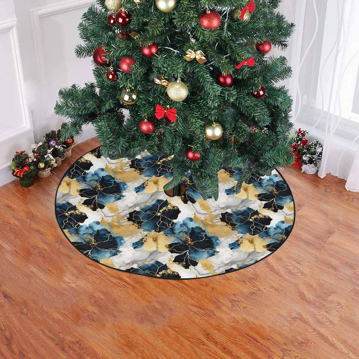 Blue Ink Floral Christmas Tree Skirt