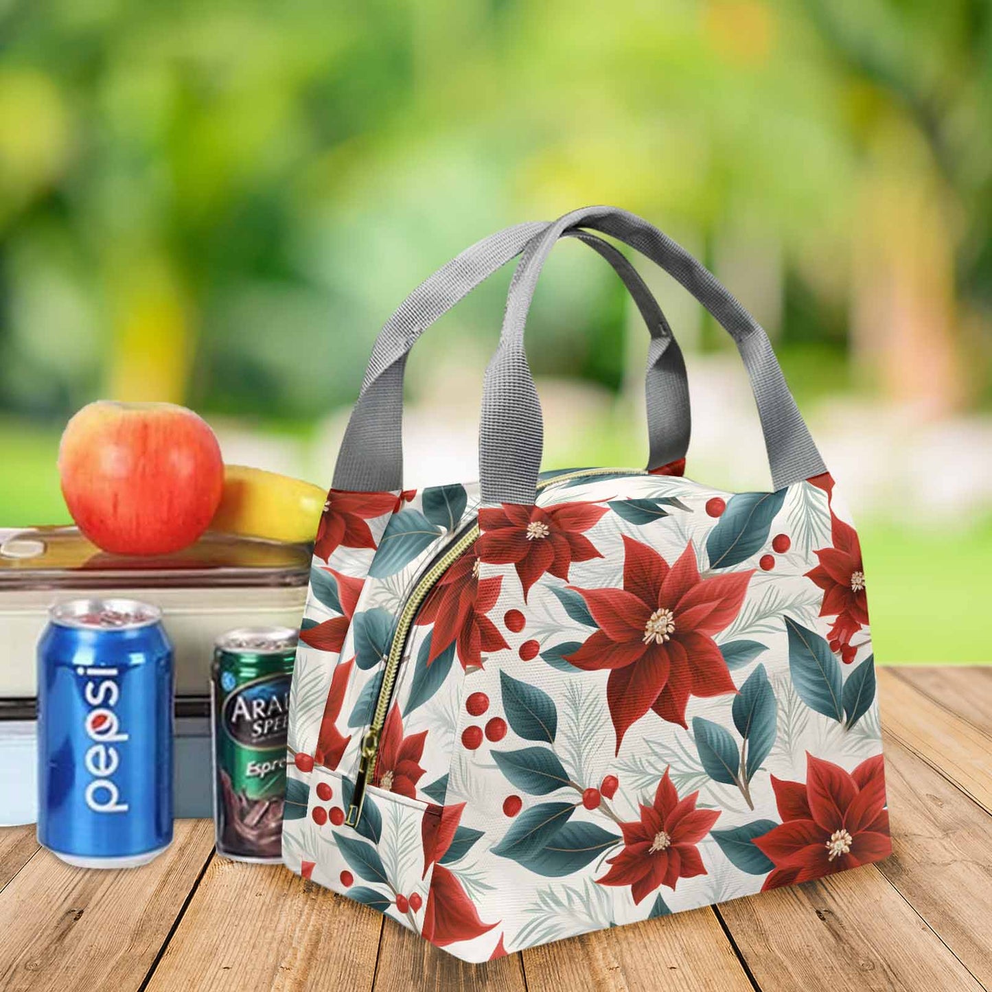Christmas Red Poinsettia Portable Lunch Bag-Grey Handle