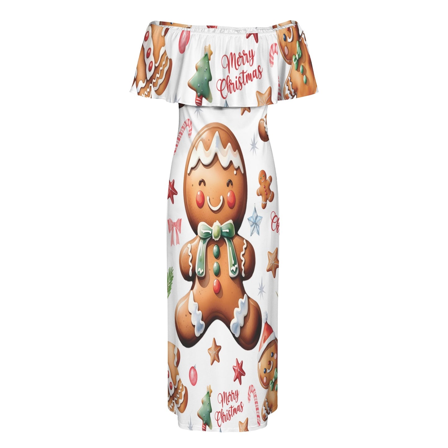 Gingerbread man awd316 Women's Off Shoulder Ruffle Boat Neck Dress (Model D71)