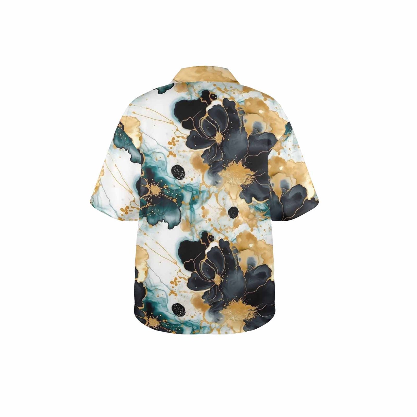 Black Gold & Green Ink Floral Women's Hawaiian Shirt