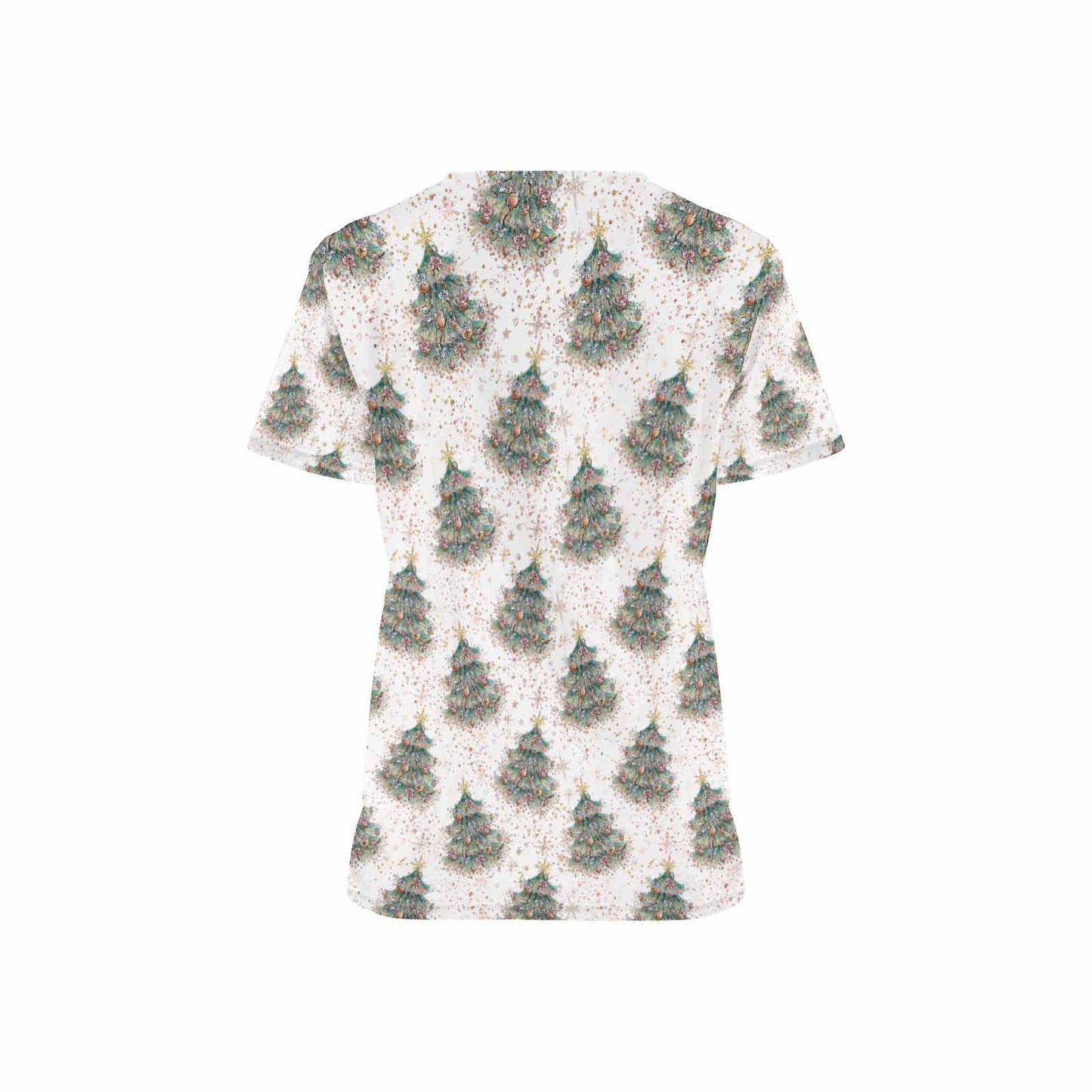 White Christmas Women's V Neck Scrub Top Nurse Uniform with Deep Front Pockets