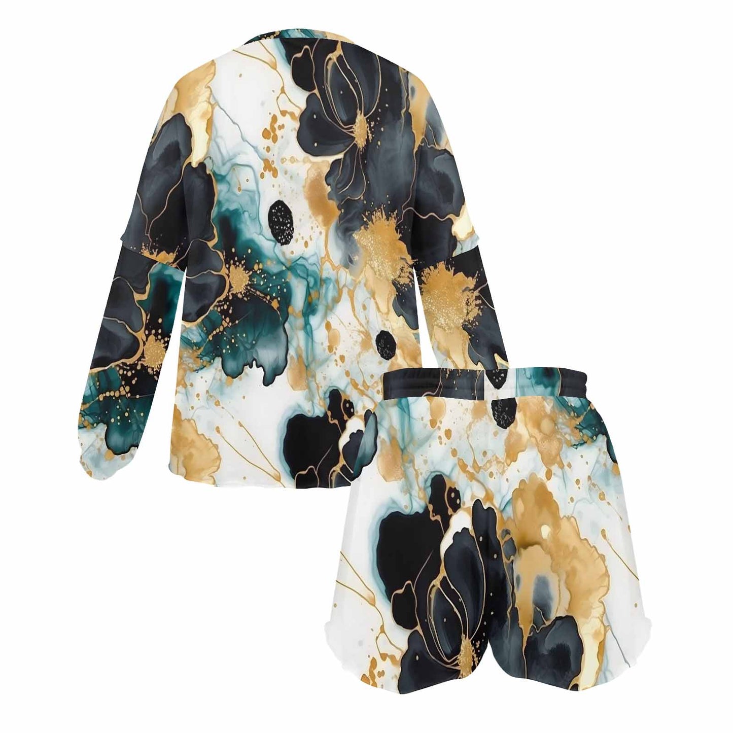 Black Gold & Green Ink Floral Women's Long Sleeve Pajama Set with Shorts