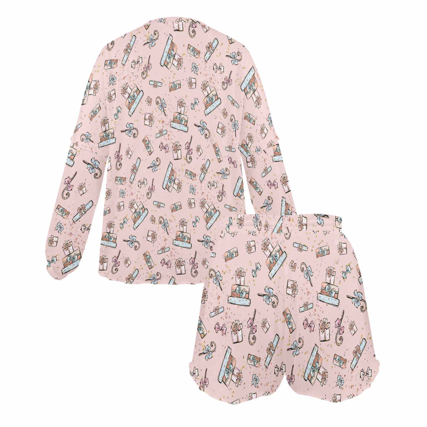 Pink Christmas Presents Women's Long Sleeve Pajama Set with Shorts