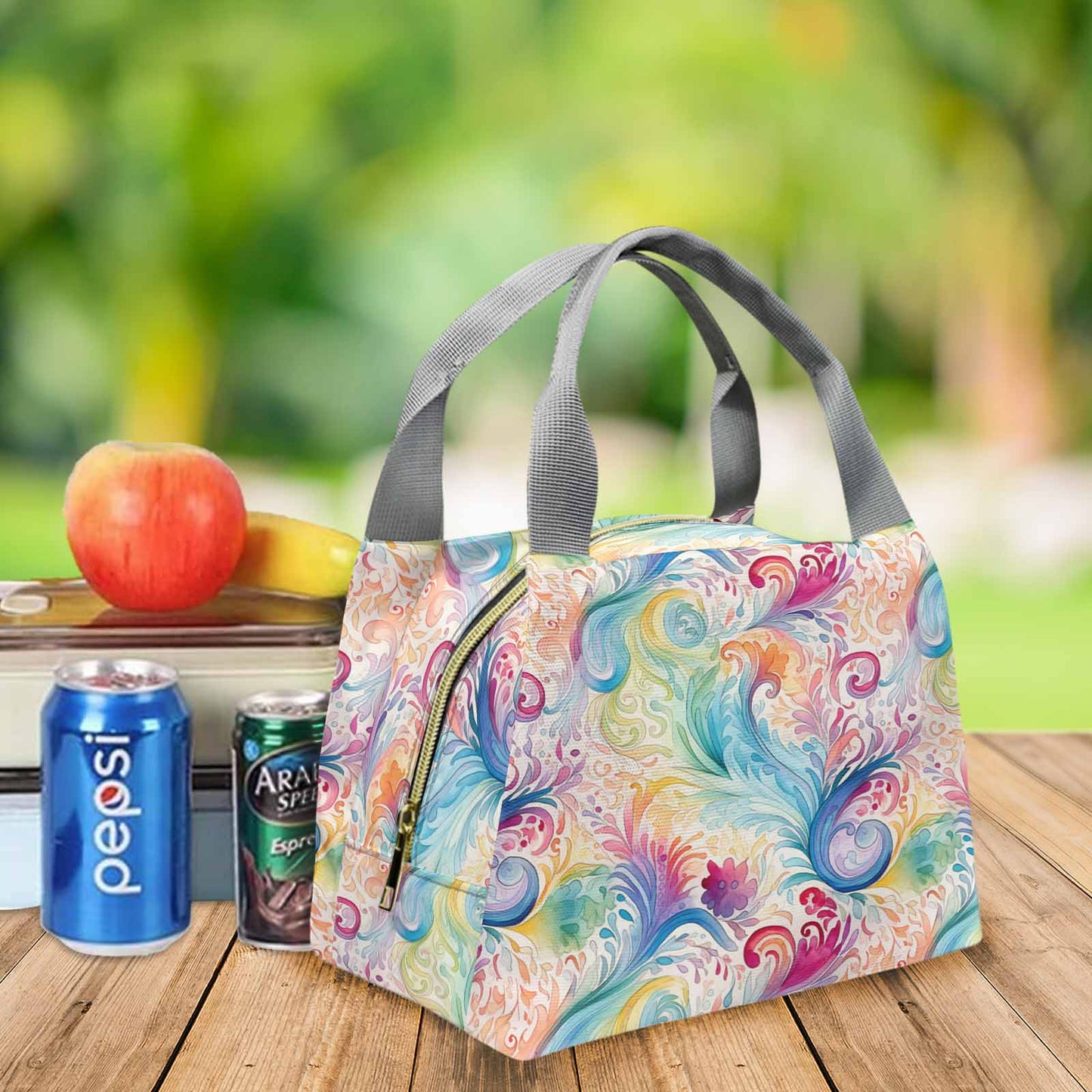 Pastel Rainbow Paisley Portable Lunch Bag-Grey Handle