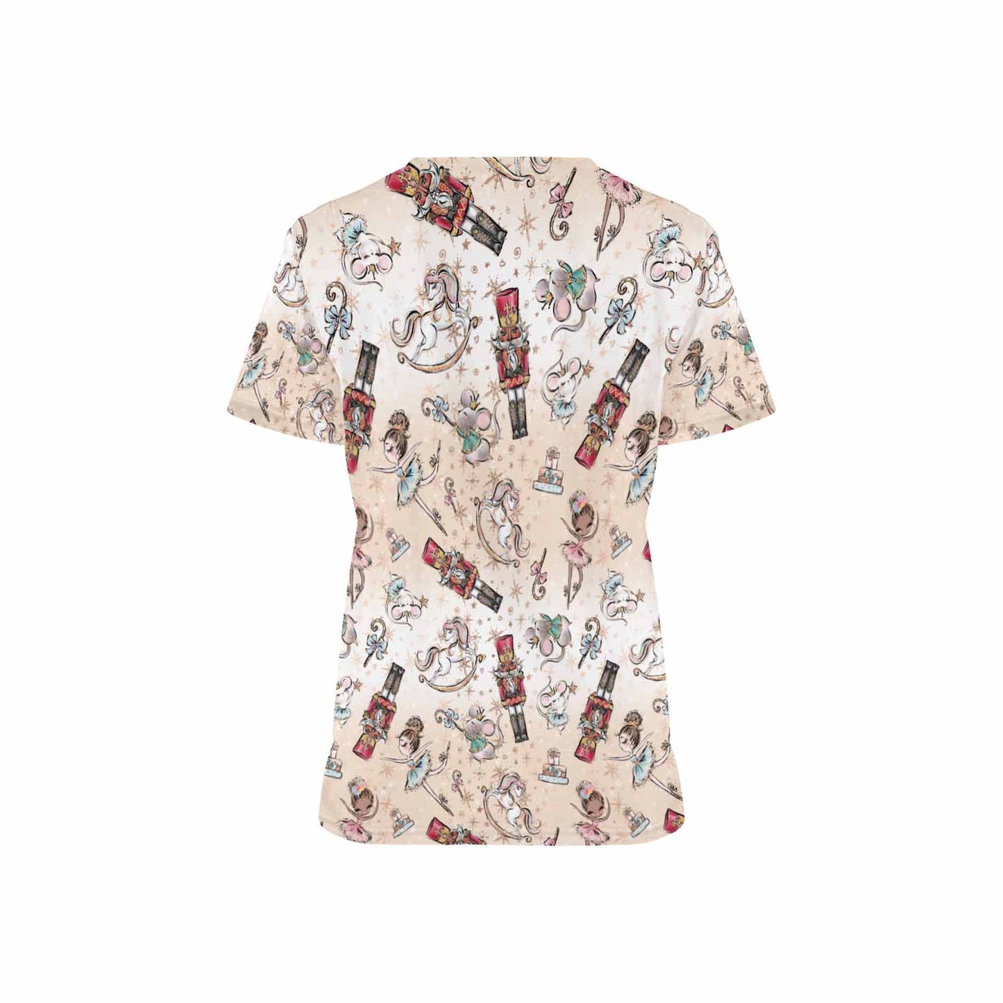 Christmas Nutcracker Sml Print Women's V Neck Scrub Top Nurse Uniform with Deep Front Pockets