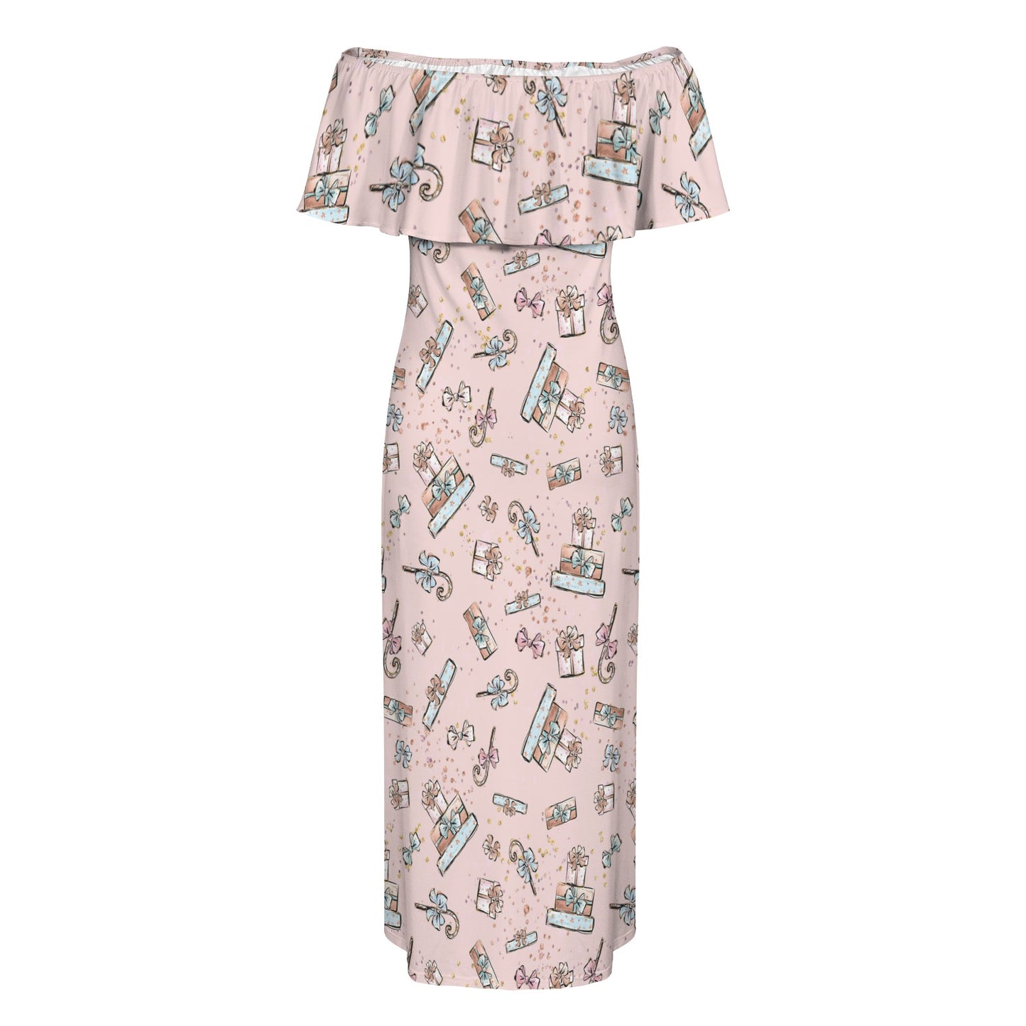Pink Christmas Presents Women's Off Shoulder Ruffle Boat Neck Dress (Model D71)