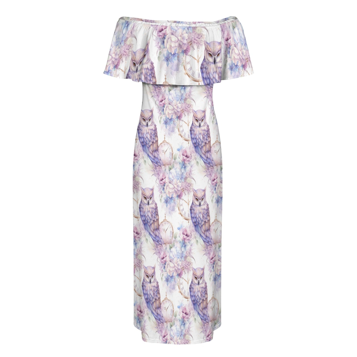Pastel Owls Women's Off Shoulder Ruffle Boat Neck Dress (Model D71)