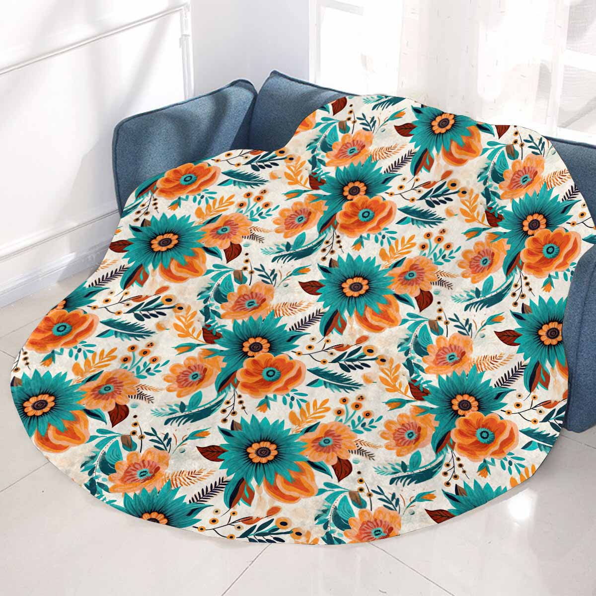 Boho Retro Floral Circular Micro Fleece Blanket 47"
