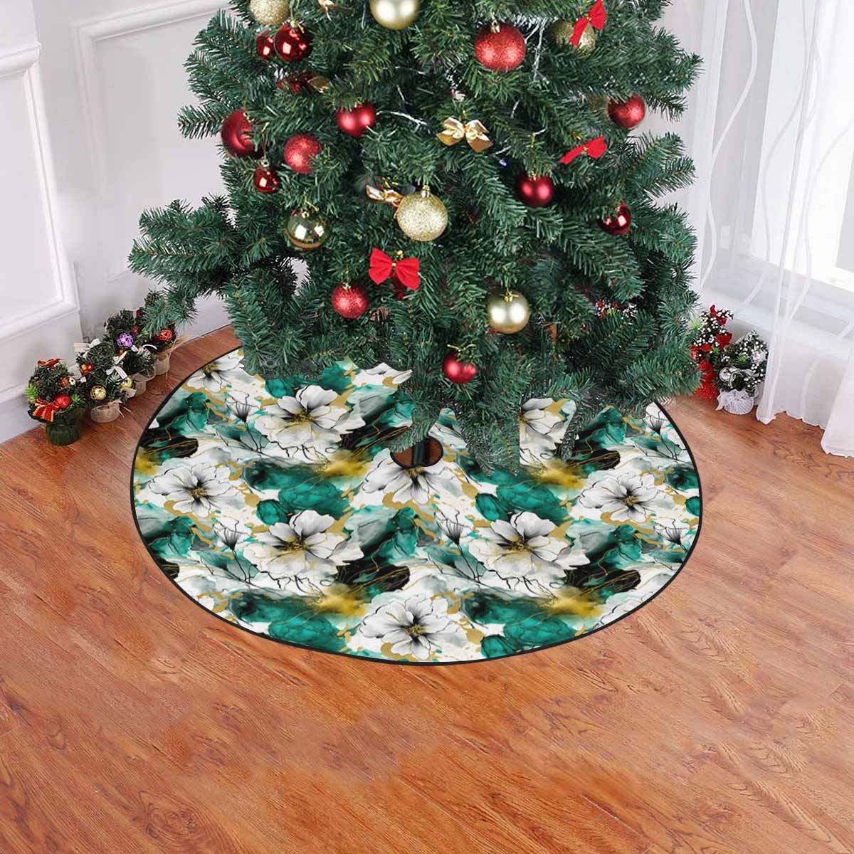 Green and White Ink Floral Christmas Tree Skirt