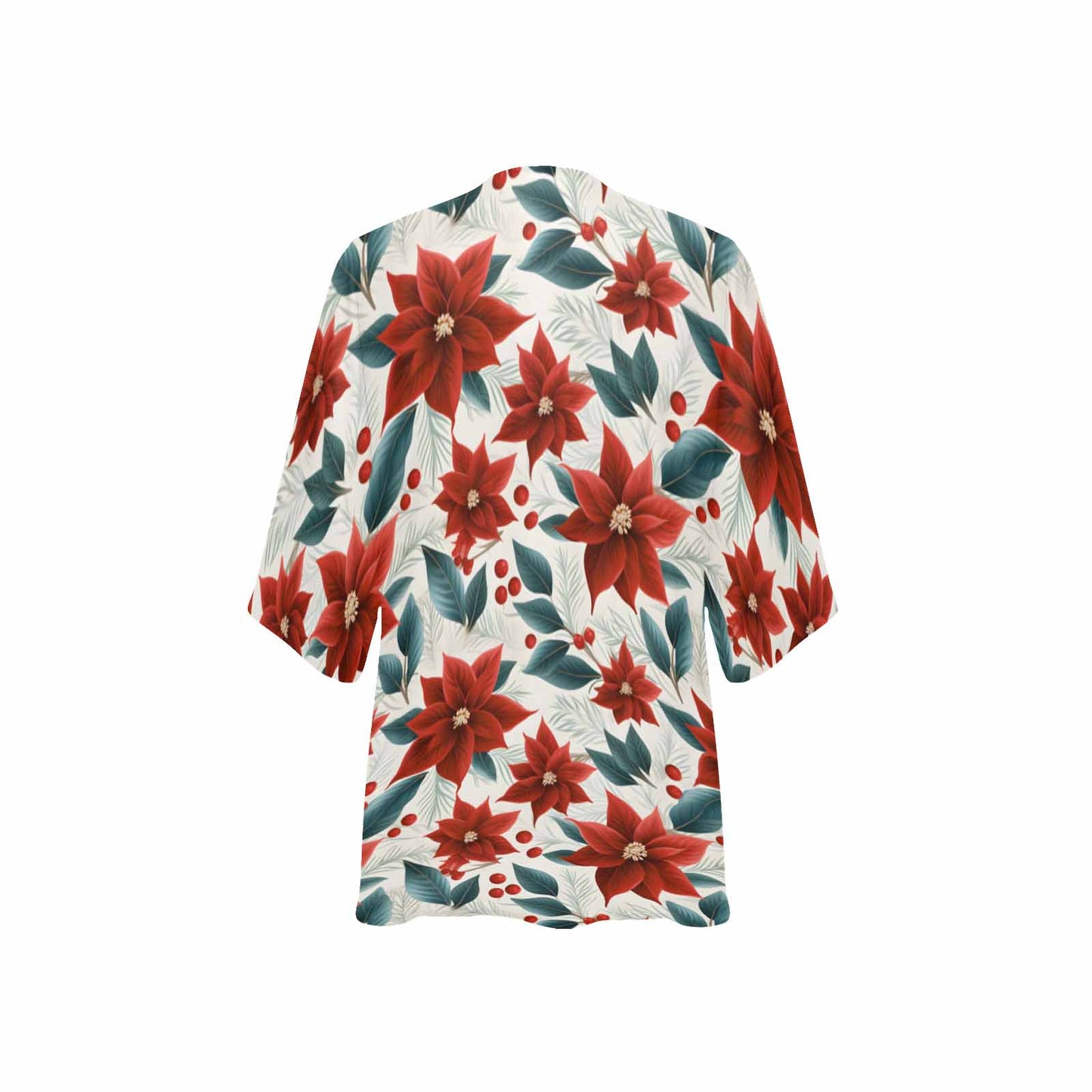 Christmas Red Poinsettia Women's Kimono Chiffon Cover Up